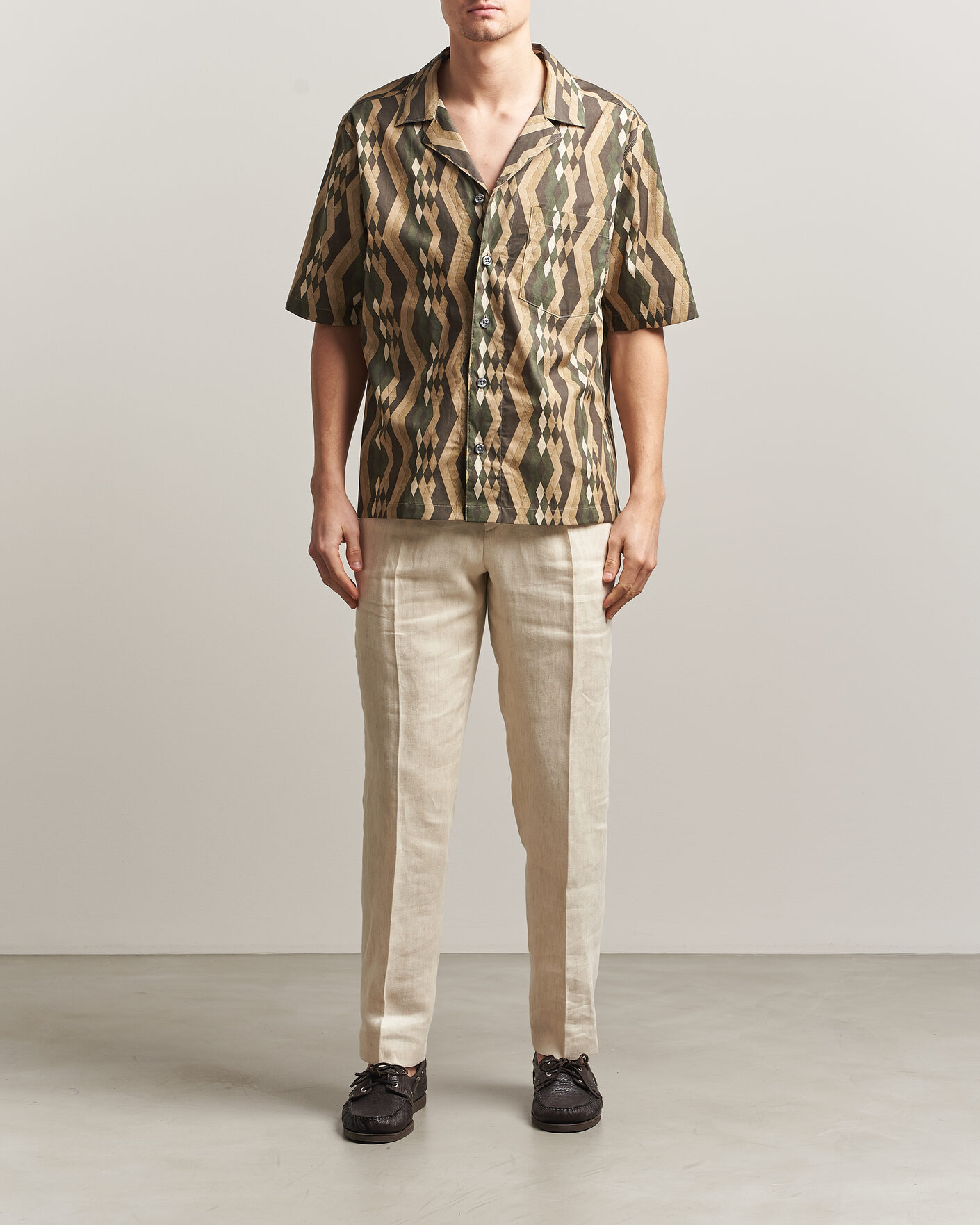 Hombres | Camisas | Oscar Jacobson | Reg Fit Cuban Printed Short Sleeve Shirt Olive