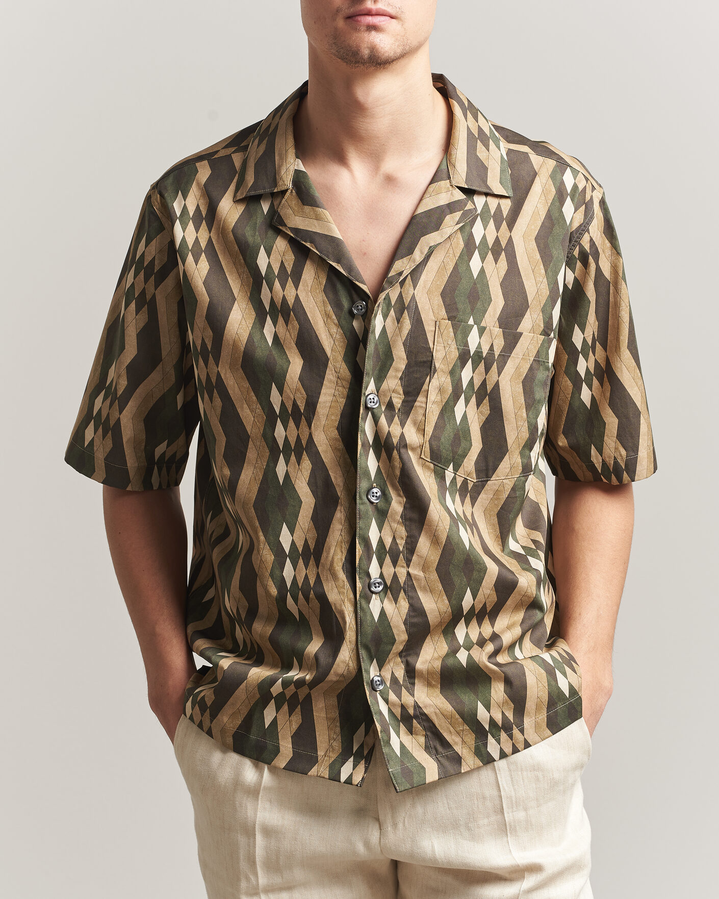 Hombres | Camisas | Oscar Jacobson | Reg Fit Cuban Printed Short Sleeve Shirt Olive