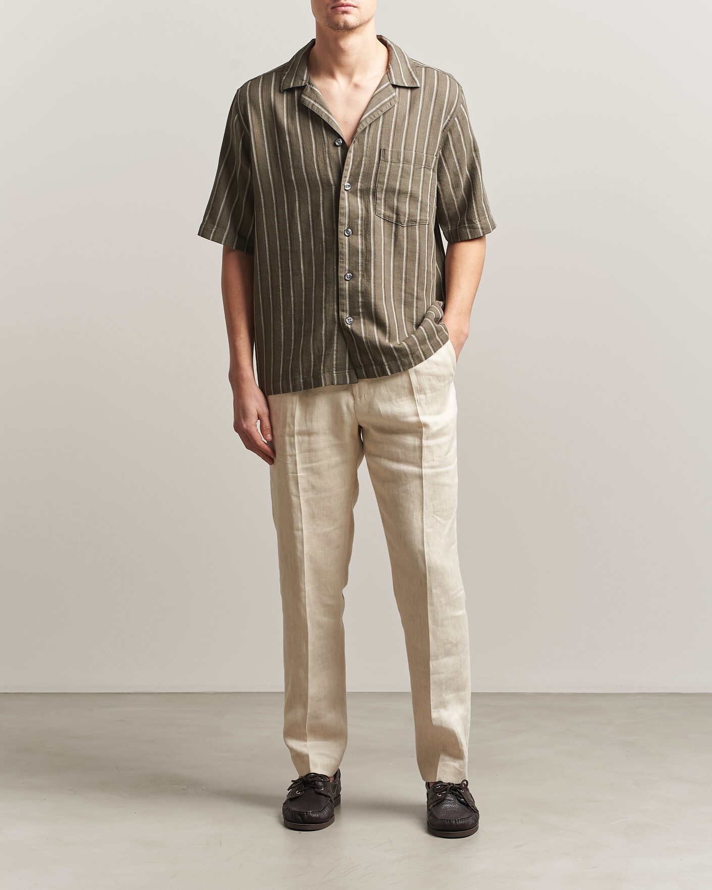 Hombres | Camisas | Oscar Jacobson | Reg Fit Cuban Herringbone Short Sleeve Shirt Green