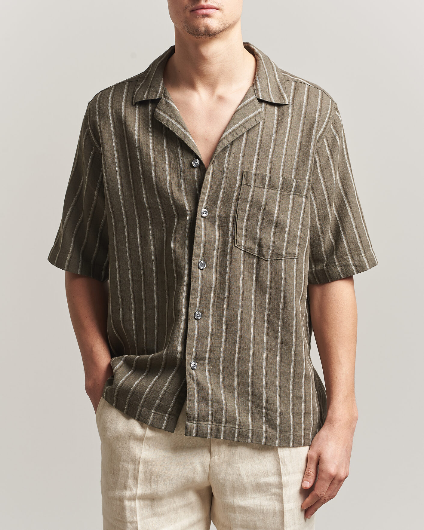 Hombres | Camisas | Oscar Jacobson | Reg Fit Cuban Herringbone Short Sleeve Shirt Green
