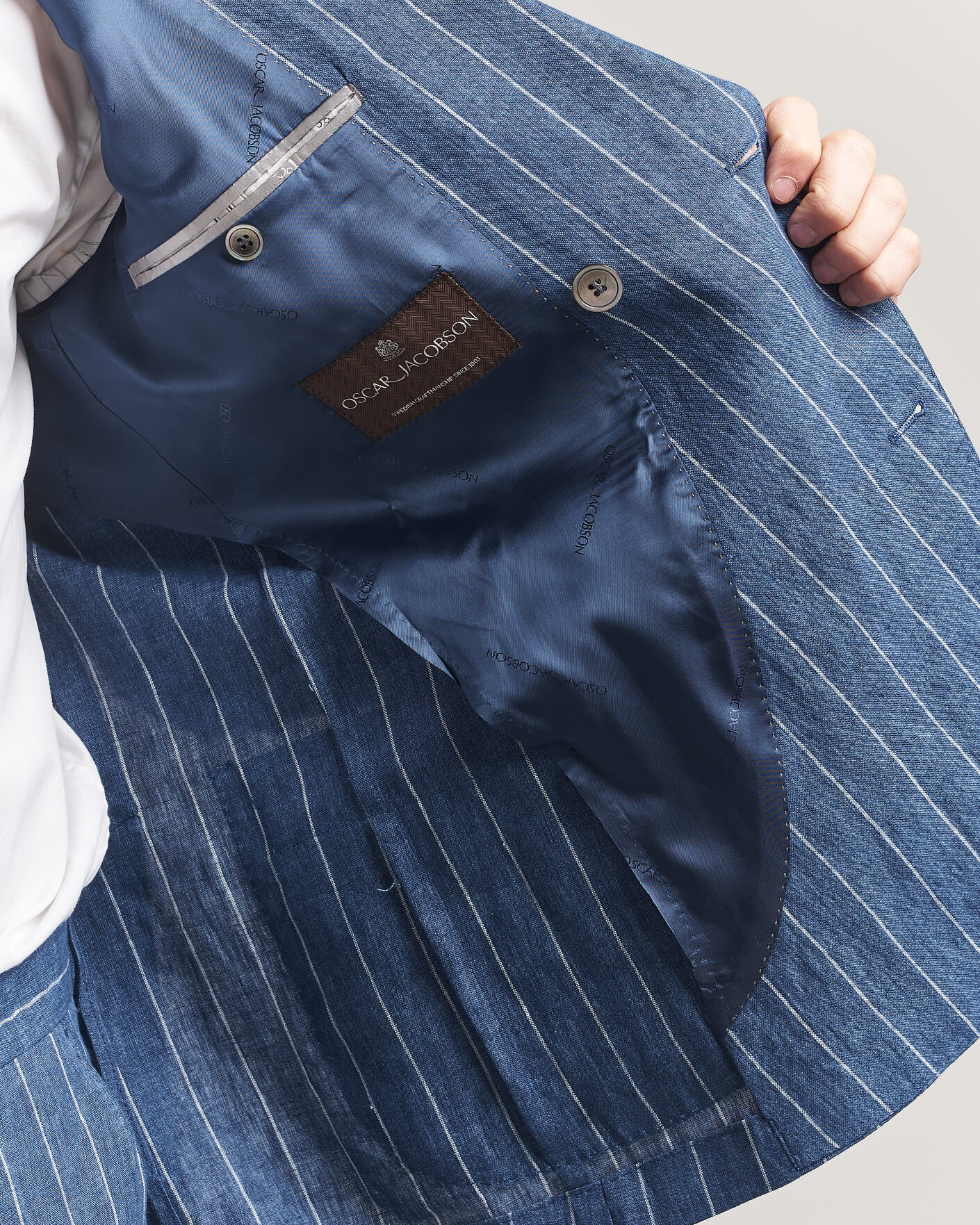 Hombres | Blazers | Oscar Jacobson | Farrys Patch Striped Linen Blazer Blue