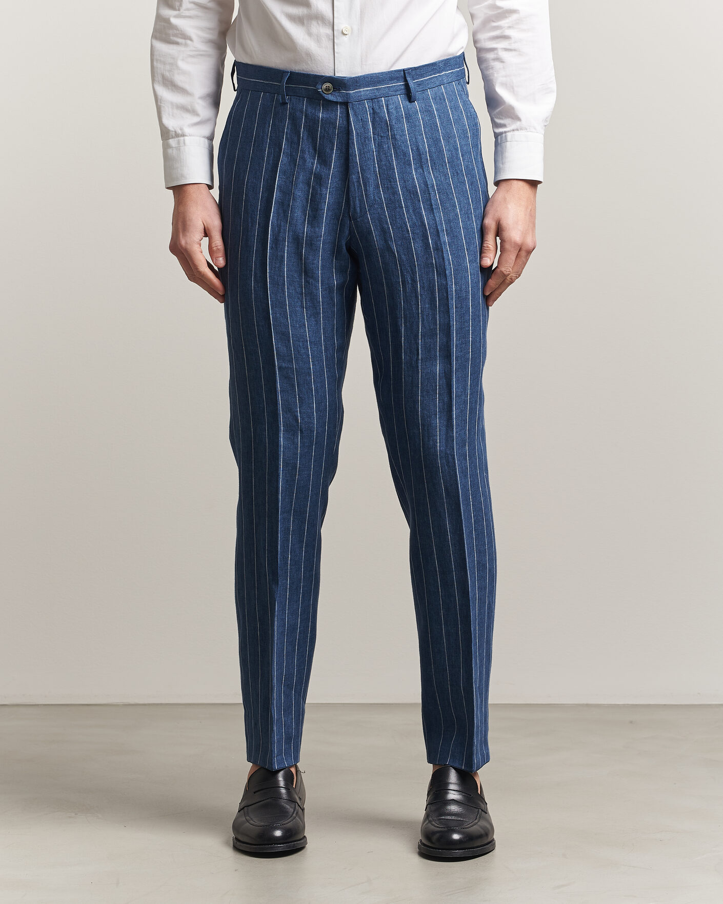 Hombres | Pantalones | Oscar Jacobson | Dandy Striped Linen Trousers Blue
