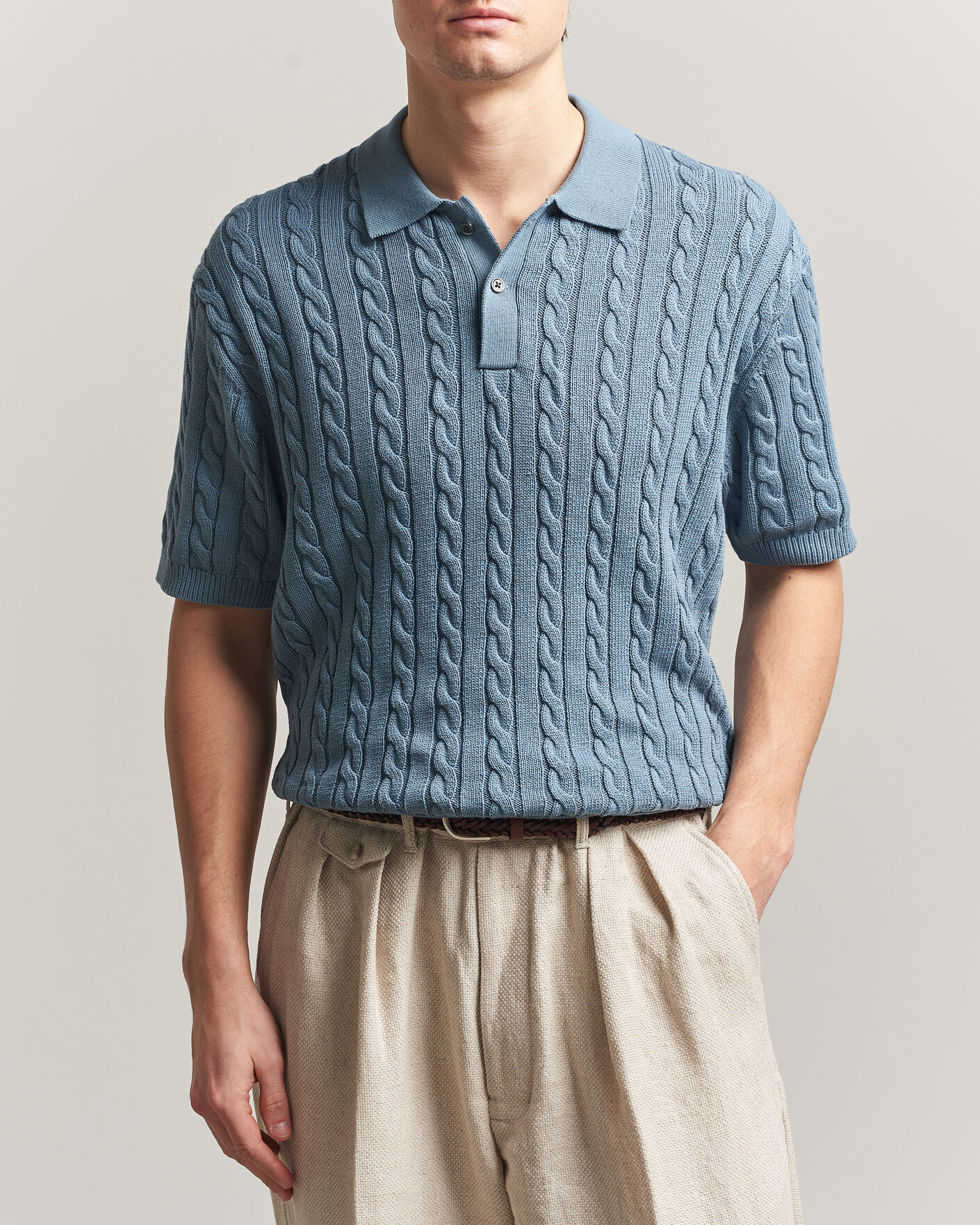 Hombres | Polos | BEAMS PLUS | Short Sleeve Cable Polo Blue 