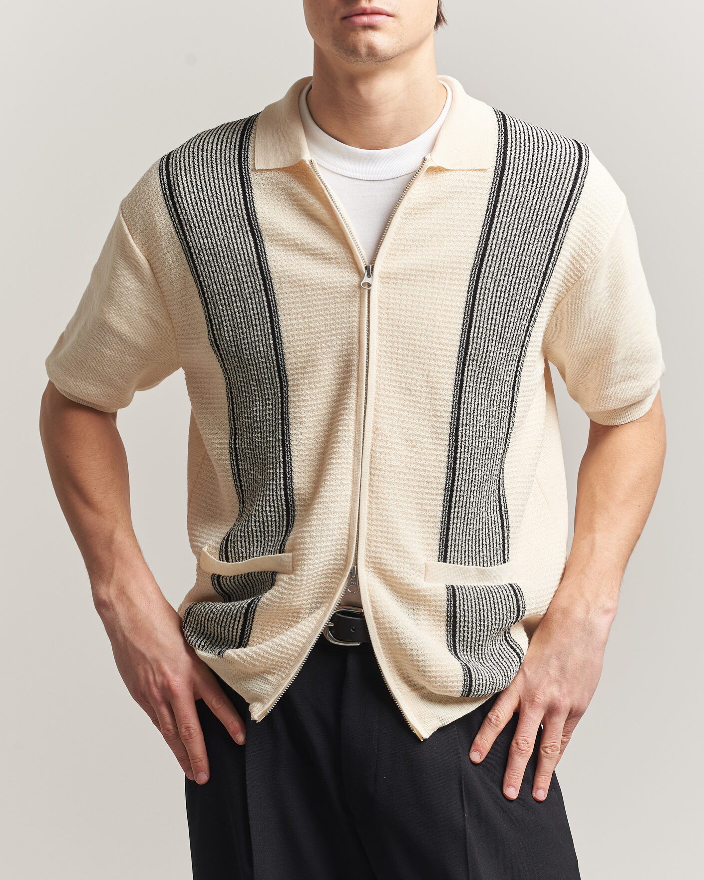 Hombres | Polos | BEAMS PLUS | Zip Knit Striped Polo Off White