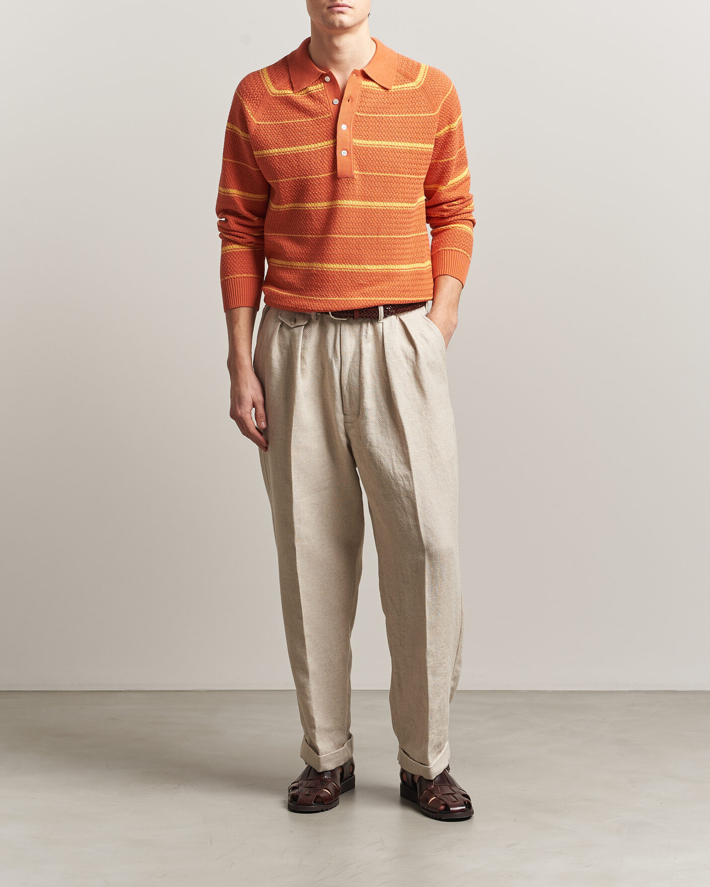 Hombres | Polos | BEAMS PLUS | Long Sleeve Knit Polo Orange Stripe