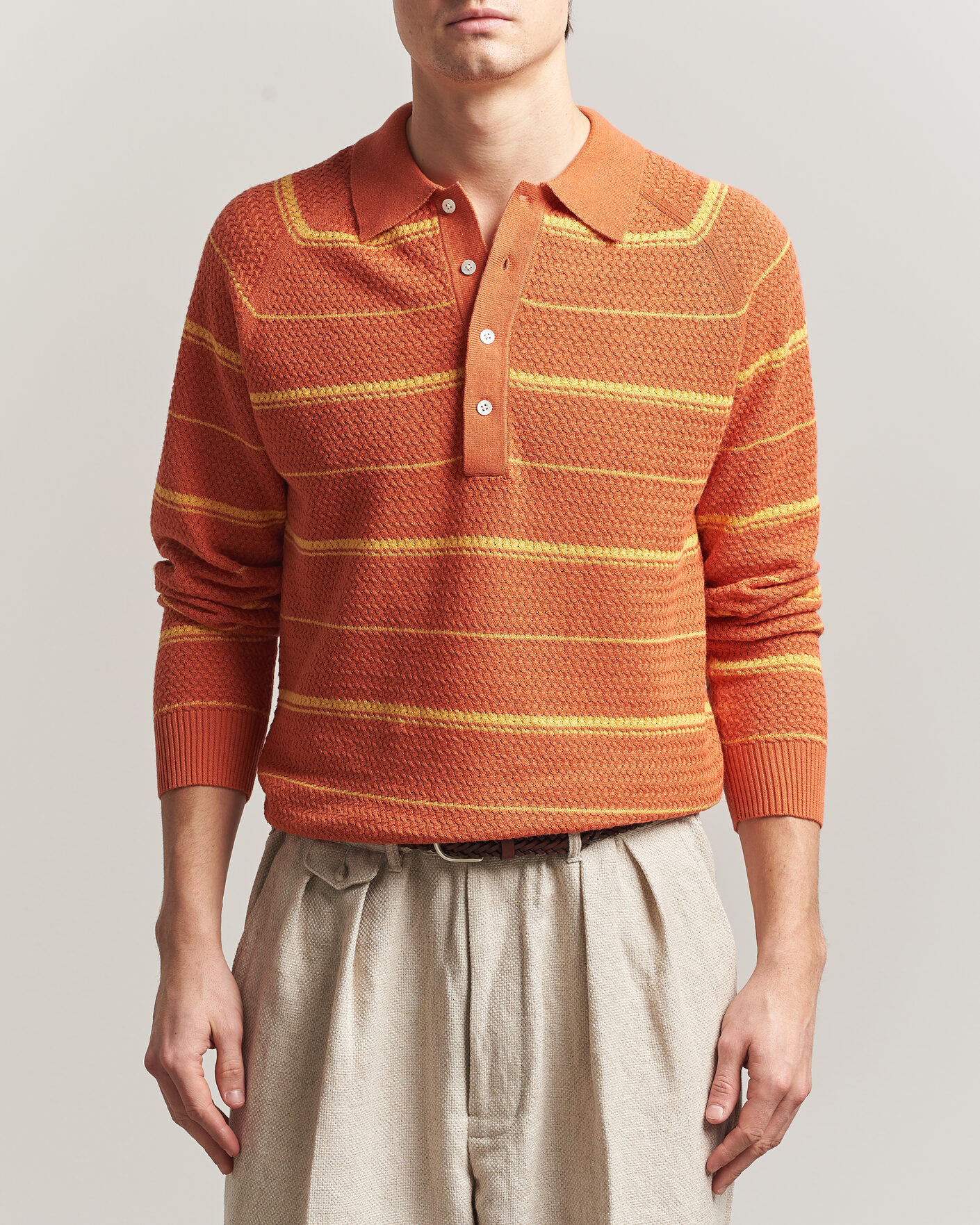 Hombres | Polos | BEAMS PLUS | Long Sleeve Knit Polo Orange Stripe