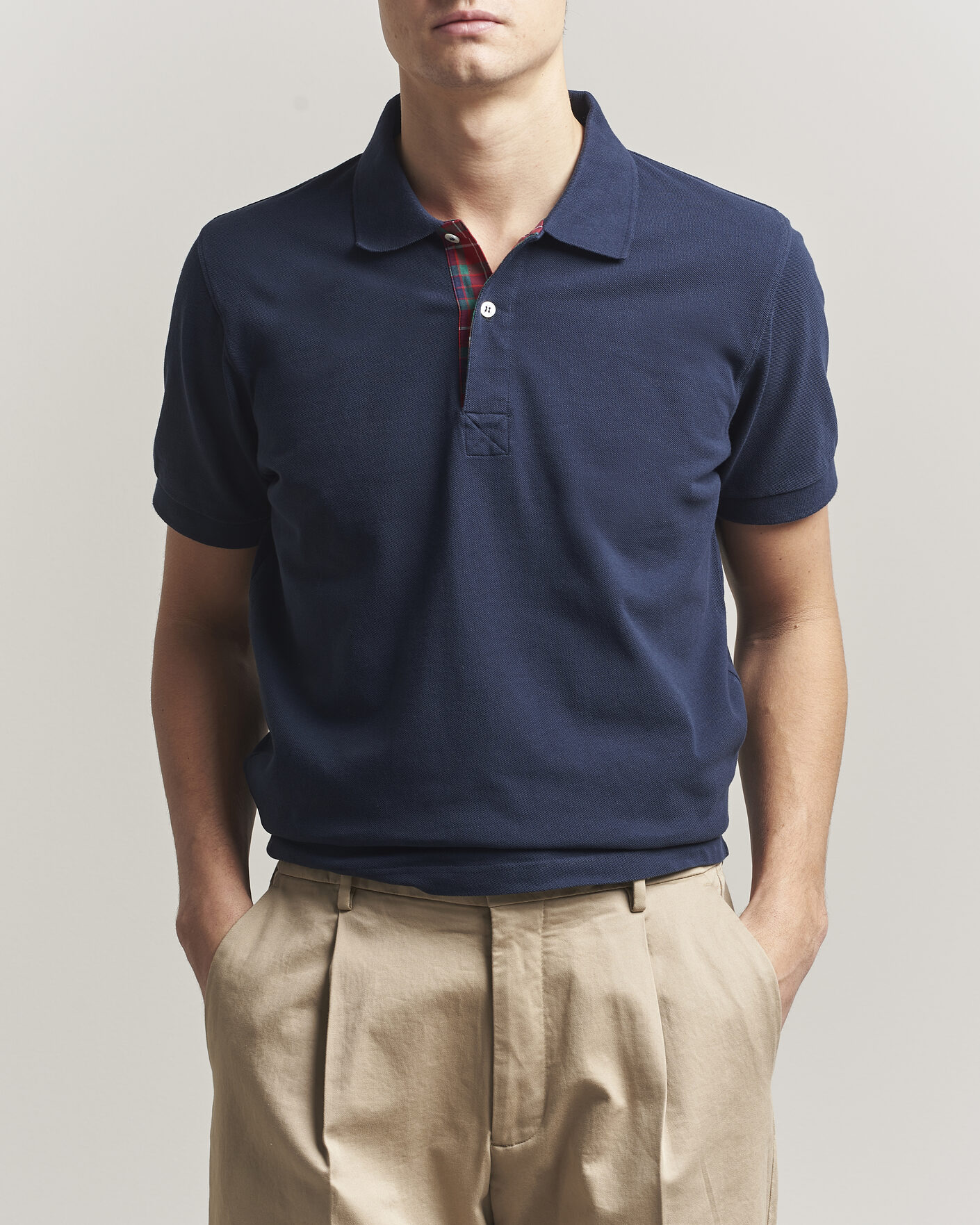Hombres | Polos | Baracuta | Tartan Placket Piquet Polo Navy