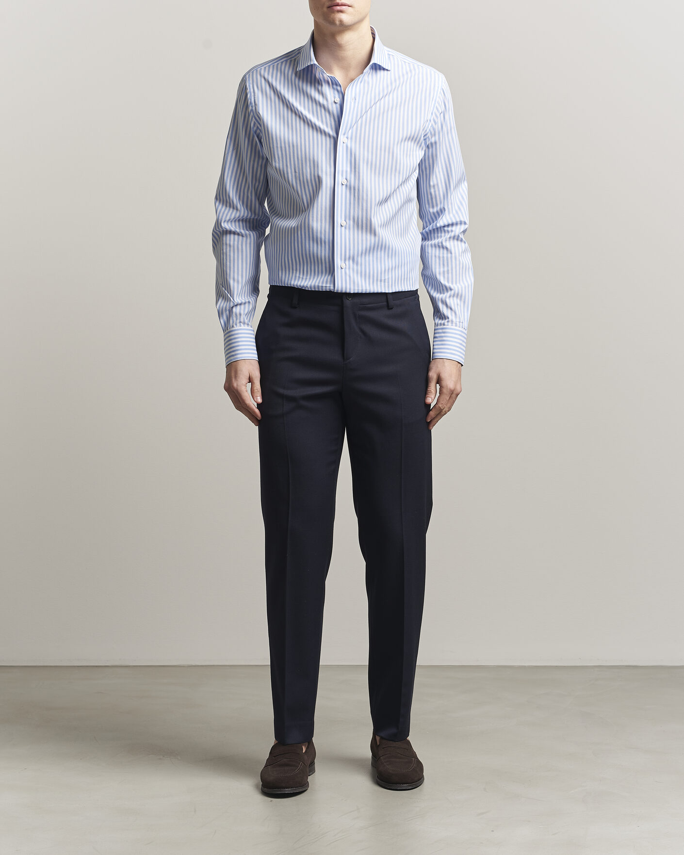 Hombres | Camisas | Grigio | Cotton Poplin Dress Shirt Light Blue Stripe