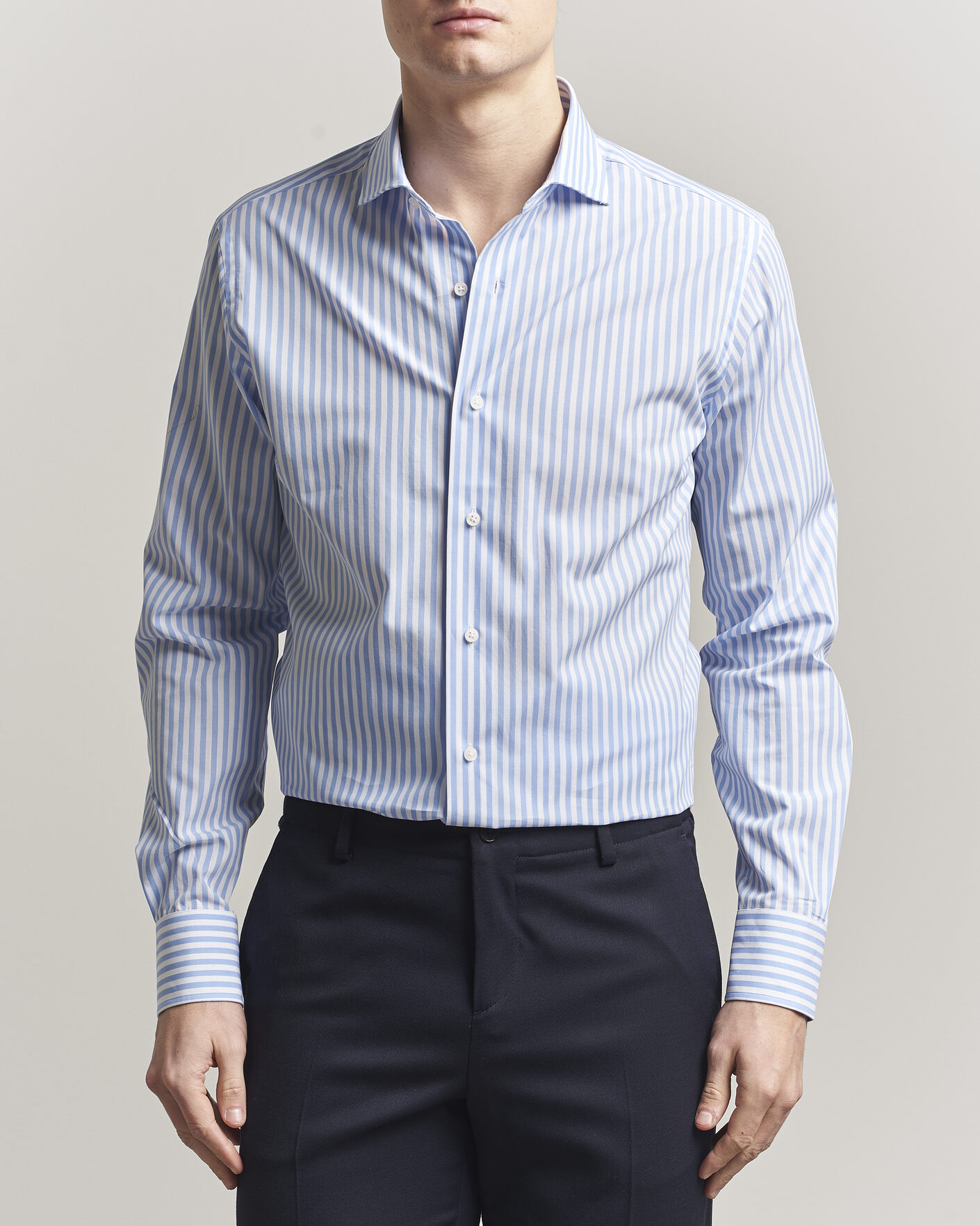 Hombres | Camisas | Grigio | Cotton Poplin Dress Shirt Light Blue Stripe