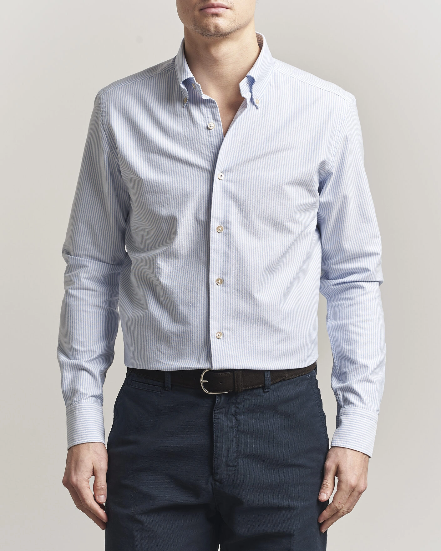 Hombres | Camisas | Grigio | Oxford Button Down Shirt Light Blue Stripe
