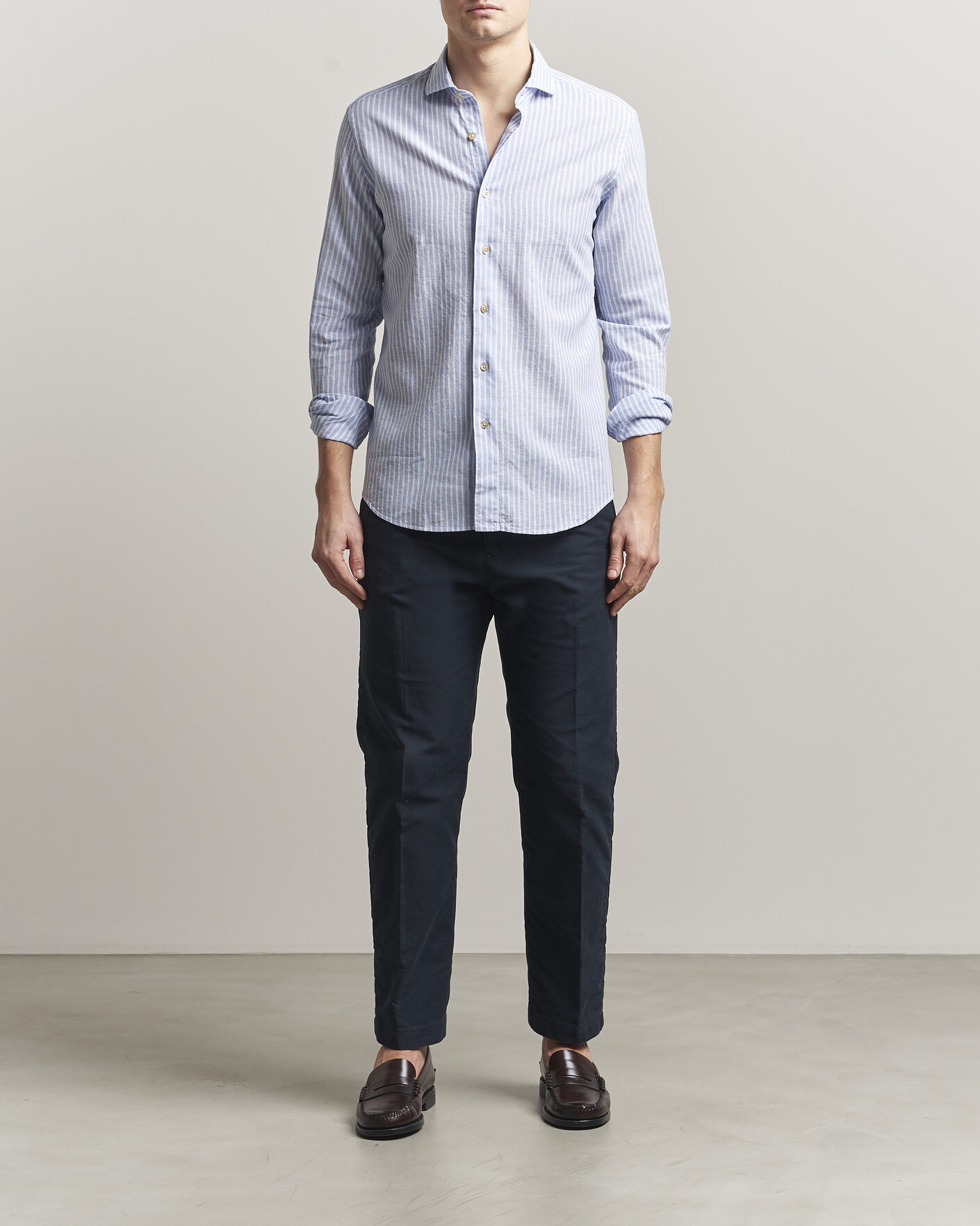 Hombres | Camisas | Grigio | Washed Cotton/Linen Shirt Blue Stripe
