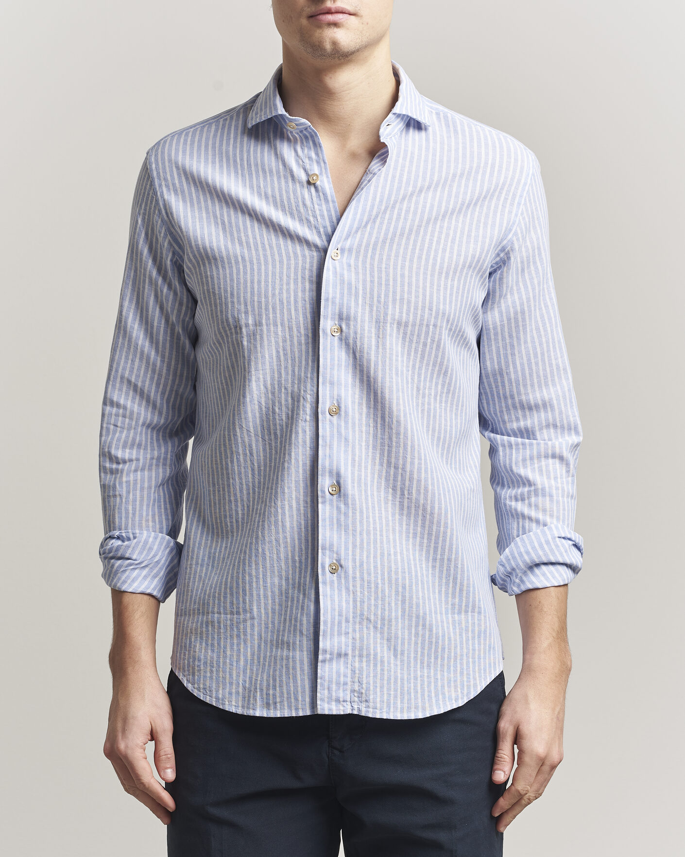 Hombres | Camisas | Grigio | Washed Cotton/Linen Shirt Blue Stripe
