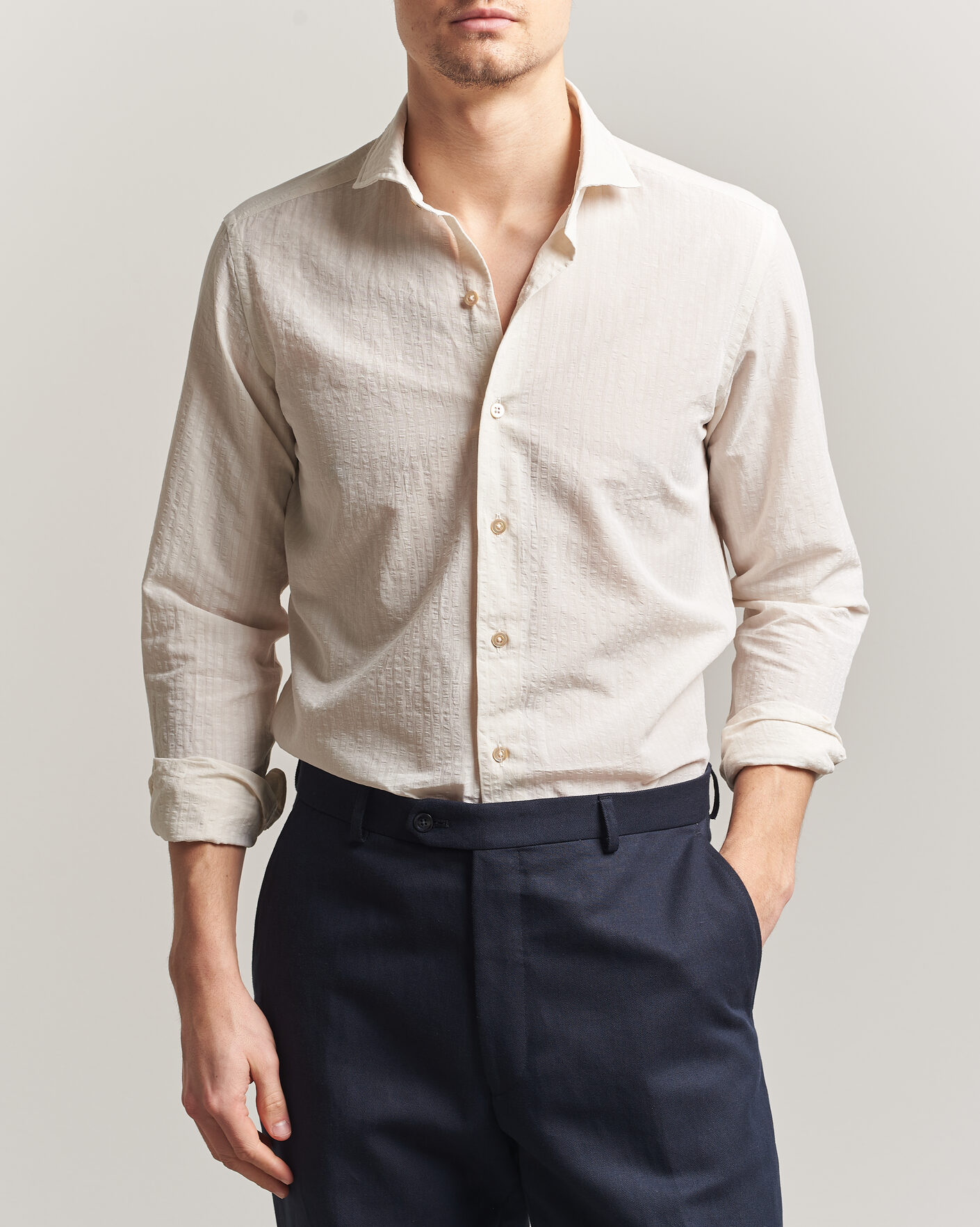 Hombres | Camisas | Grigio | Cotton/Linen Seersucker Shirt Off White