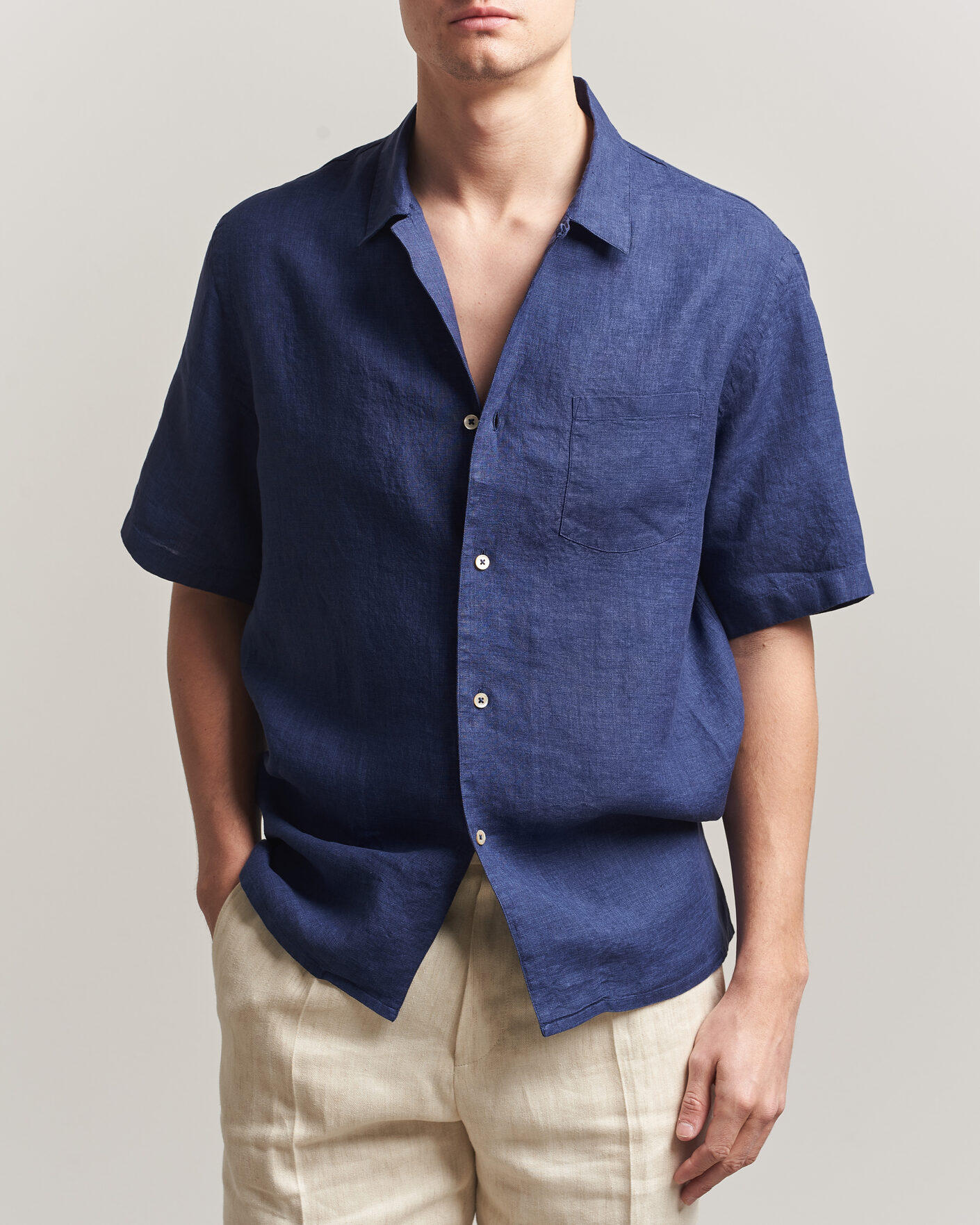 Hombres | Camisas | Grigio | Linen Camp Collar Shirt Navy