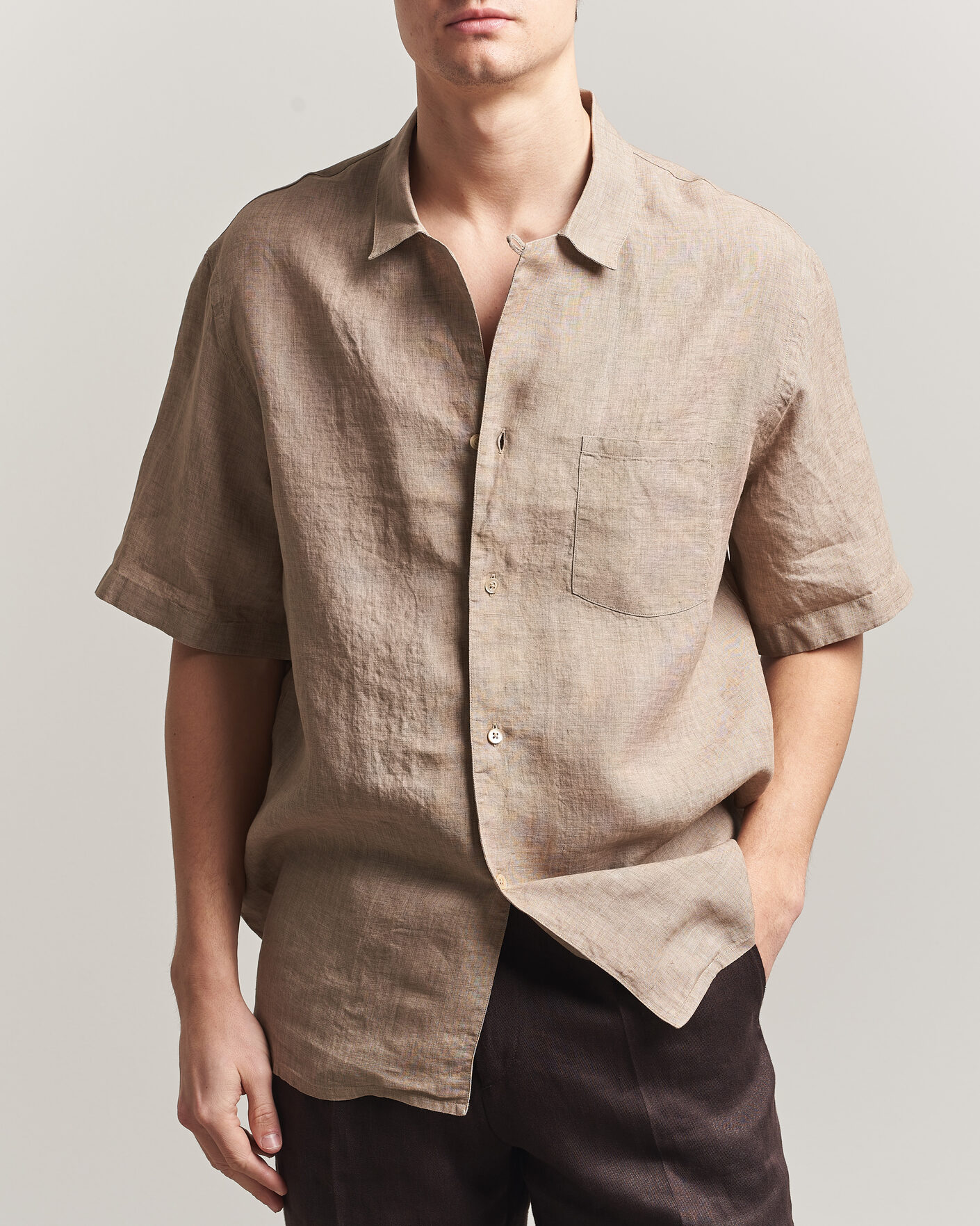 Hombres | Camisas | Grigio | Linen Camp Collar Shirt Brown