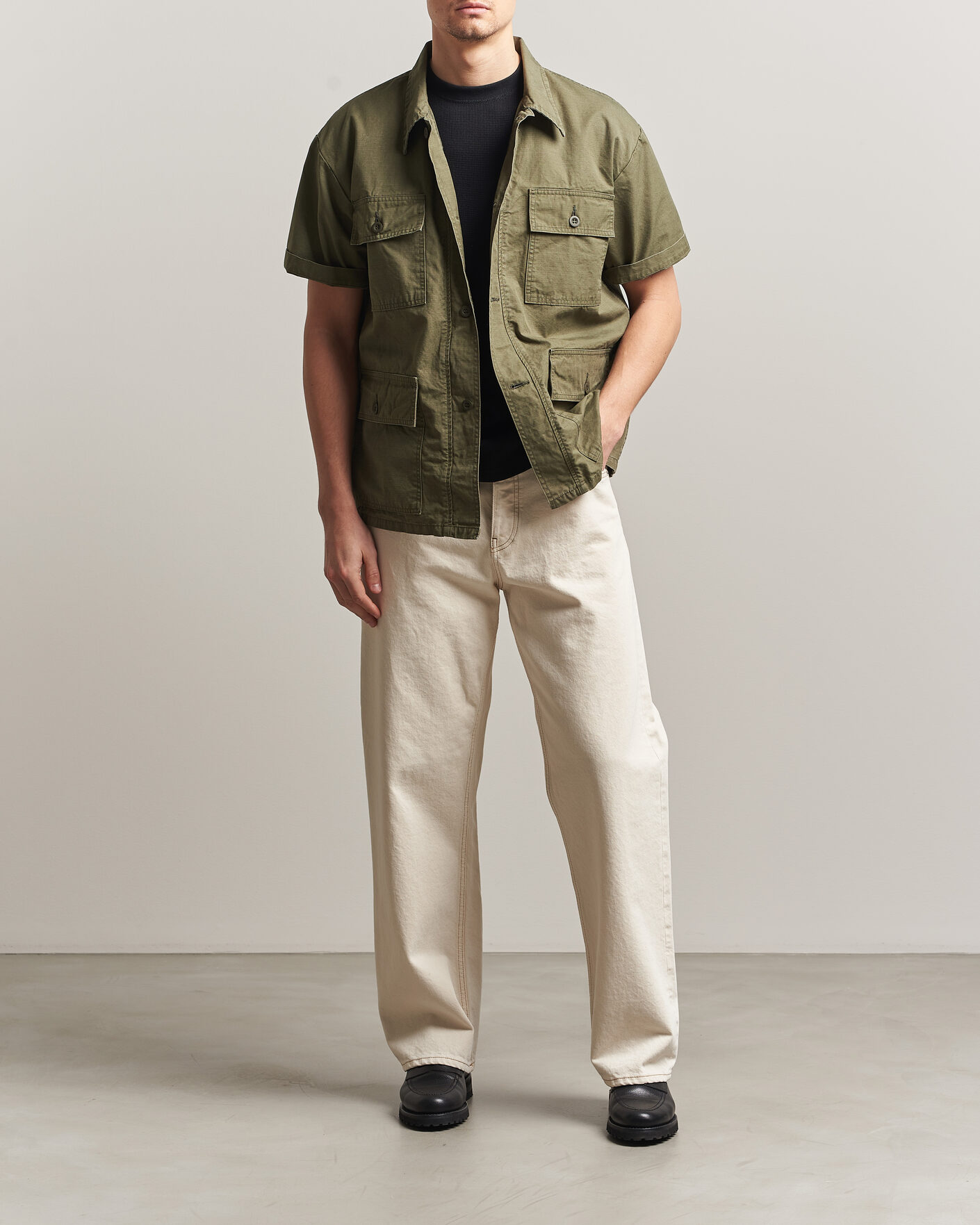 Hombres | Camisas | orSlow | Short Sleeve Utility Shirt Army Green
