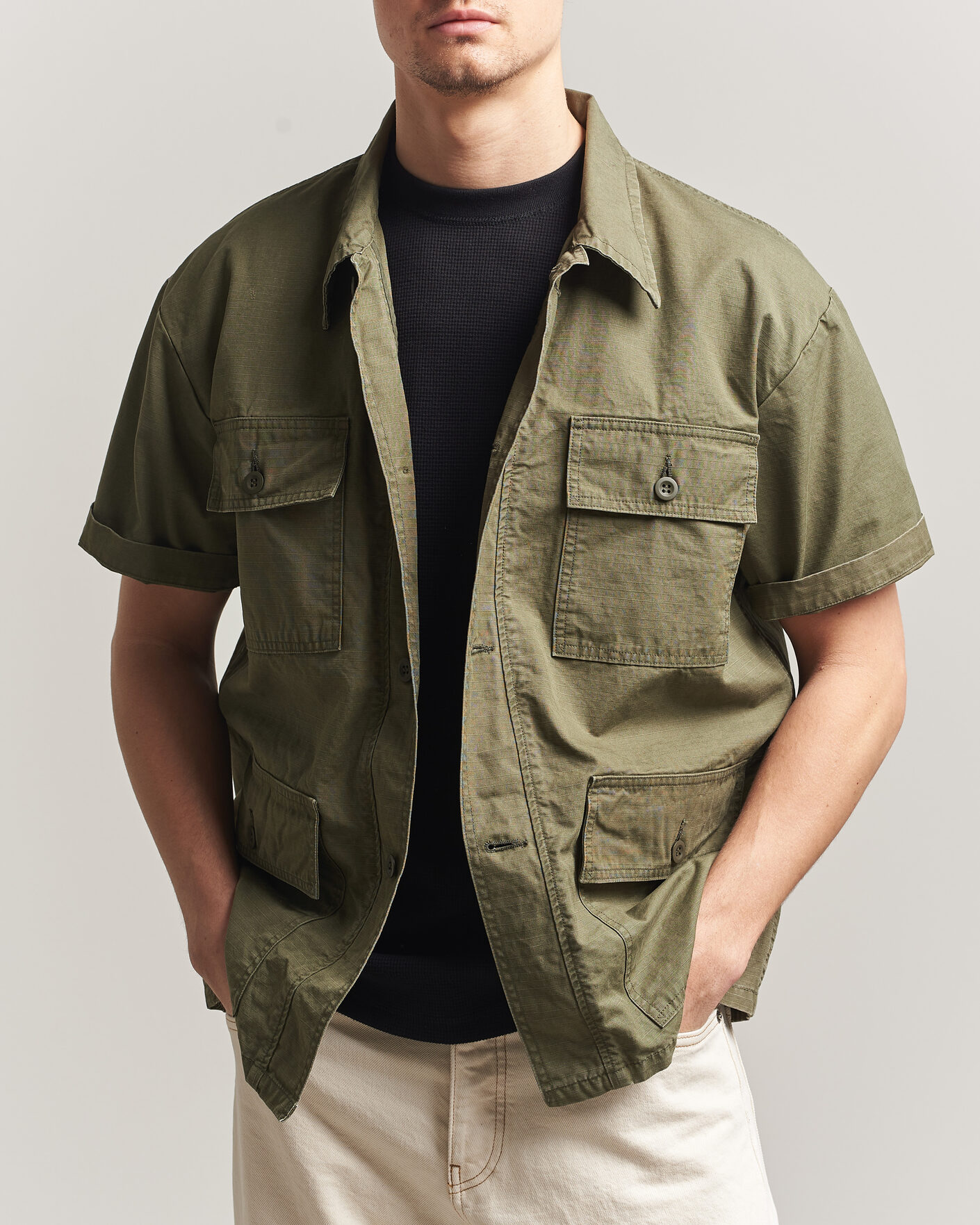 Hombres | Camisas | orSlow | Short Sleeve Utility Shirt Army Green