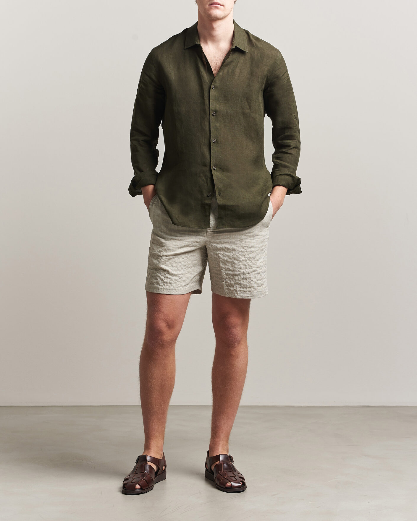 Hombres | Camisas | Orlebar Brown | Giles Linen Stiched Shirt Bayleaf Green