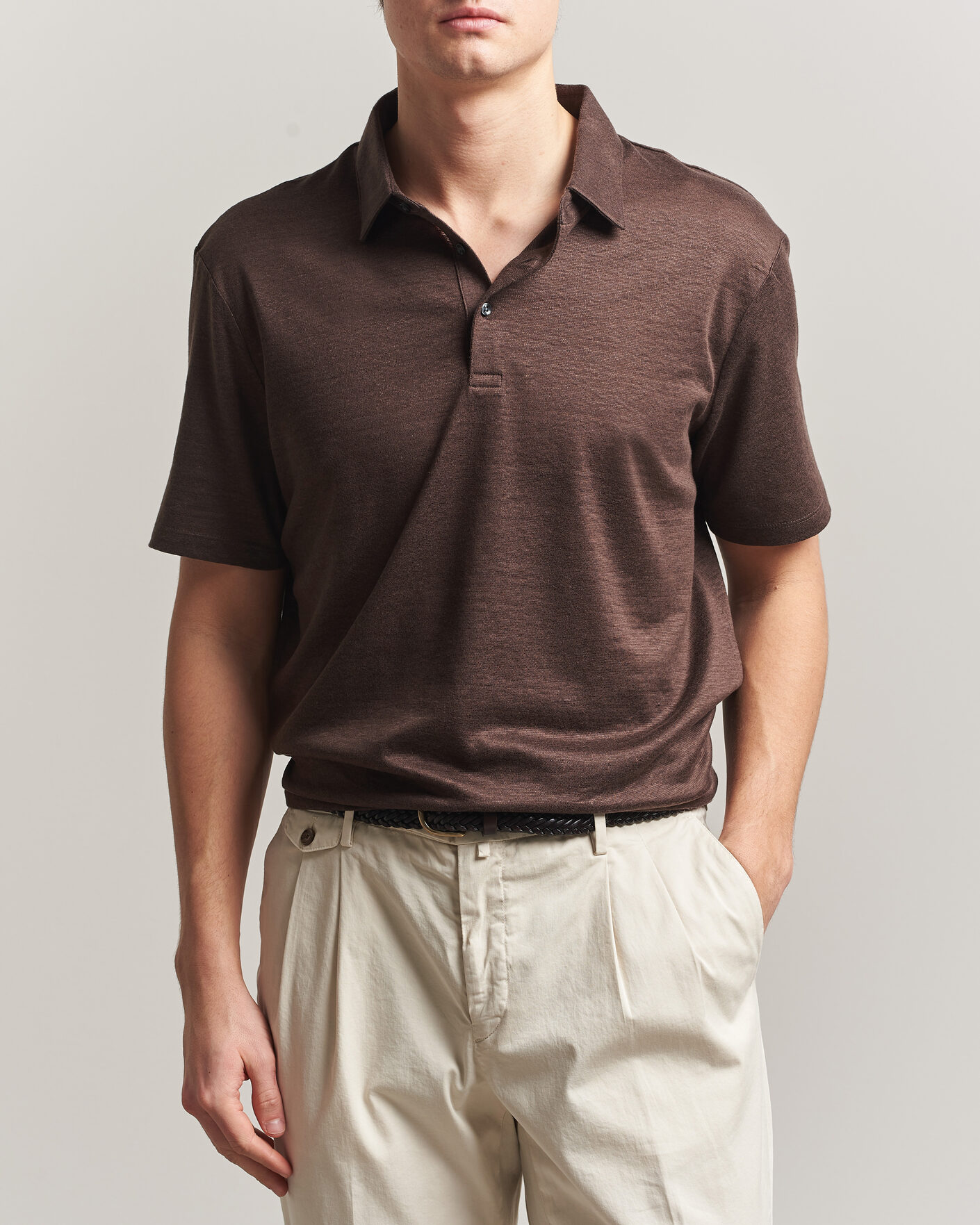 Hombres | Polos | Charles Tyrwhitt | Short Sleeve Linen Polo Chocolate Brown