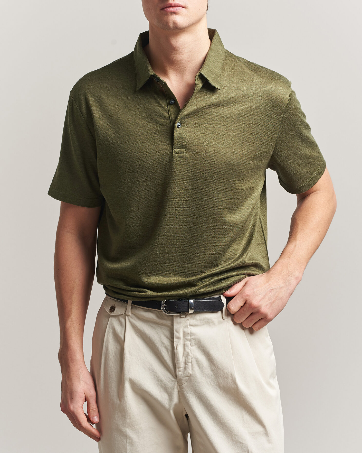 Hombres | Polos | Charles Tyrwhitt | Short Sleeve Linen Polo Olive