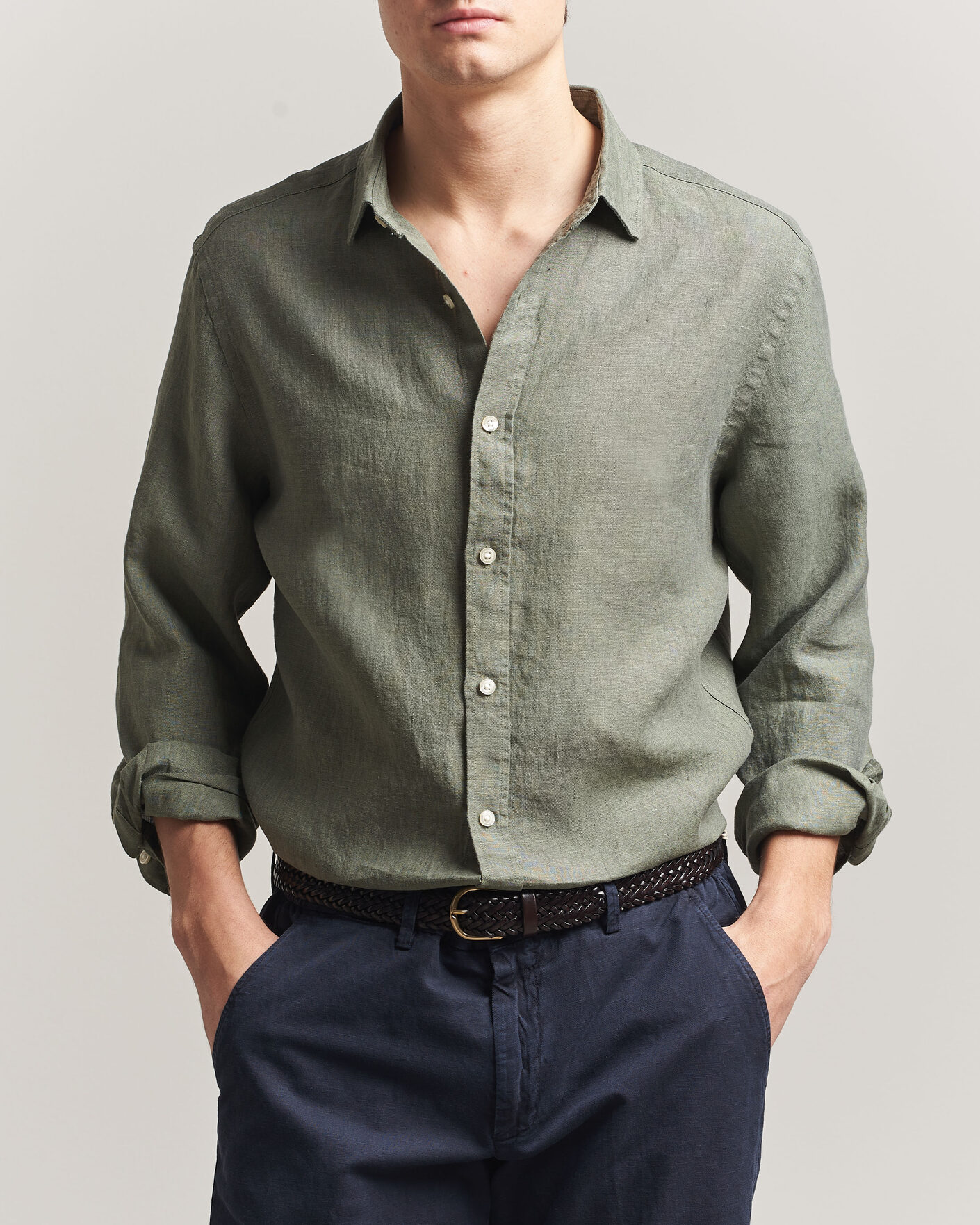 Hombres | Camisas | Charles Tyrwhitt | Pure Linen Slim Fit Shirt Olive Green