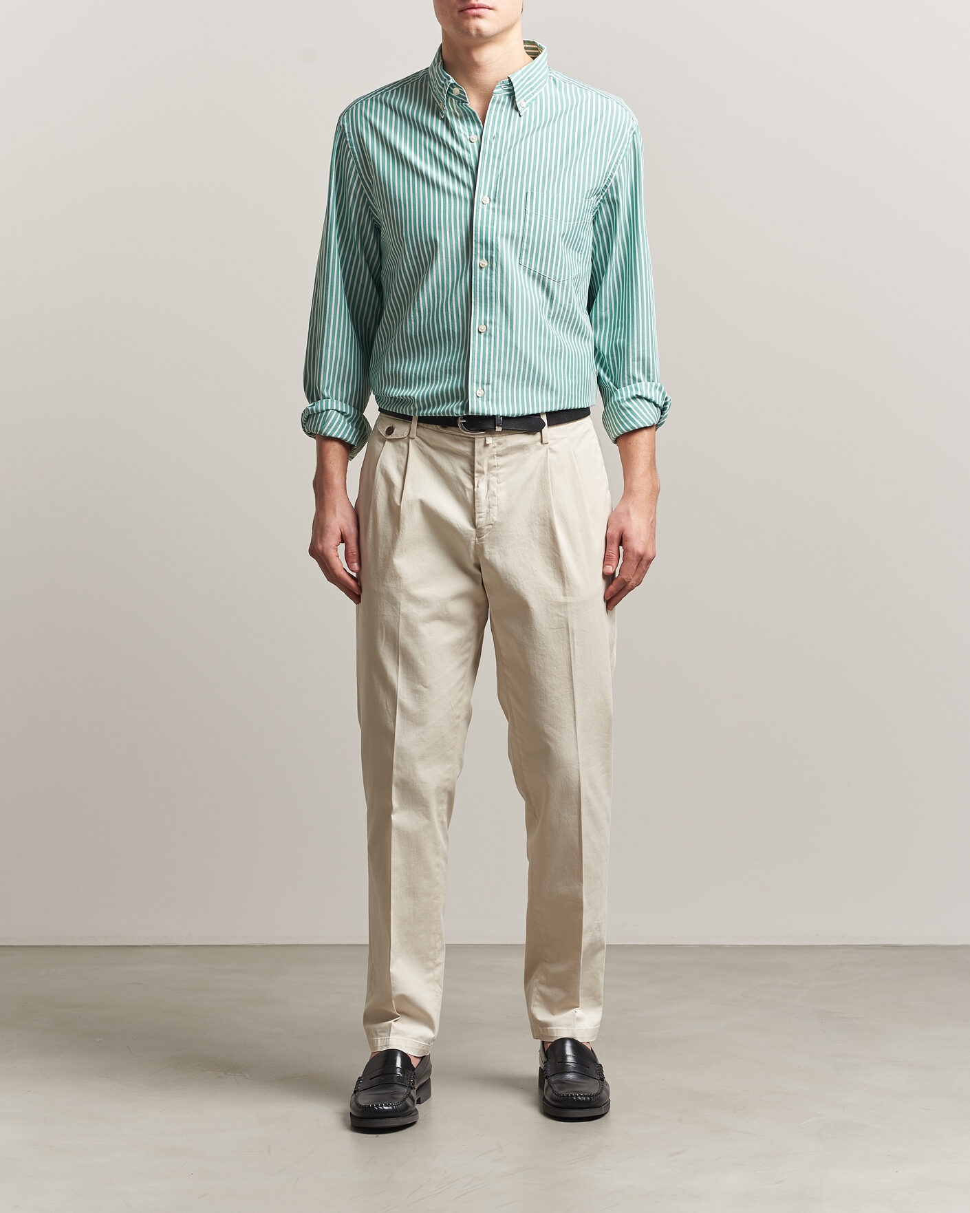 Hombres | Camisas | Charles Tyrwhitt | Button Down Stretch Poplin Shirt Green Stripe