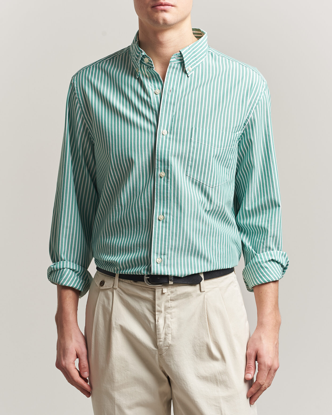 Hombres | Camisas | Charles Tyrwhitt | Button Down Stretch Poplin Shirt Green Stripe