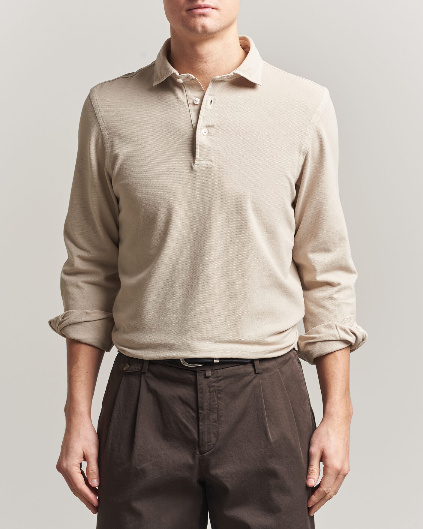 Hombres | Polos | Gran Sasso | Washed Long Sleeve Polo Beige Melange