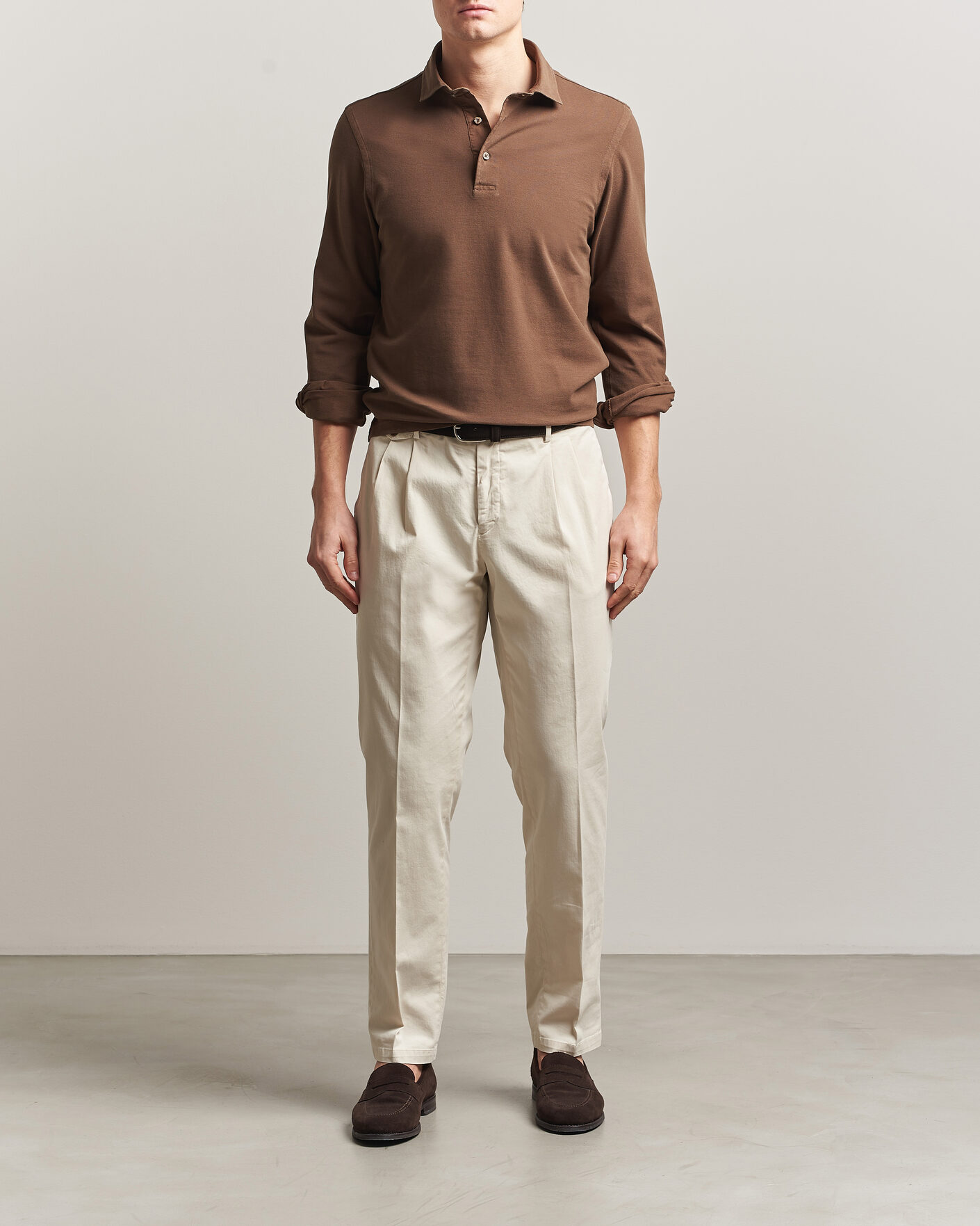 Hombres | Polos | Gran Sasso | Washed Long Sleeve Polo Brown