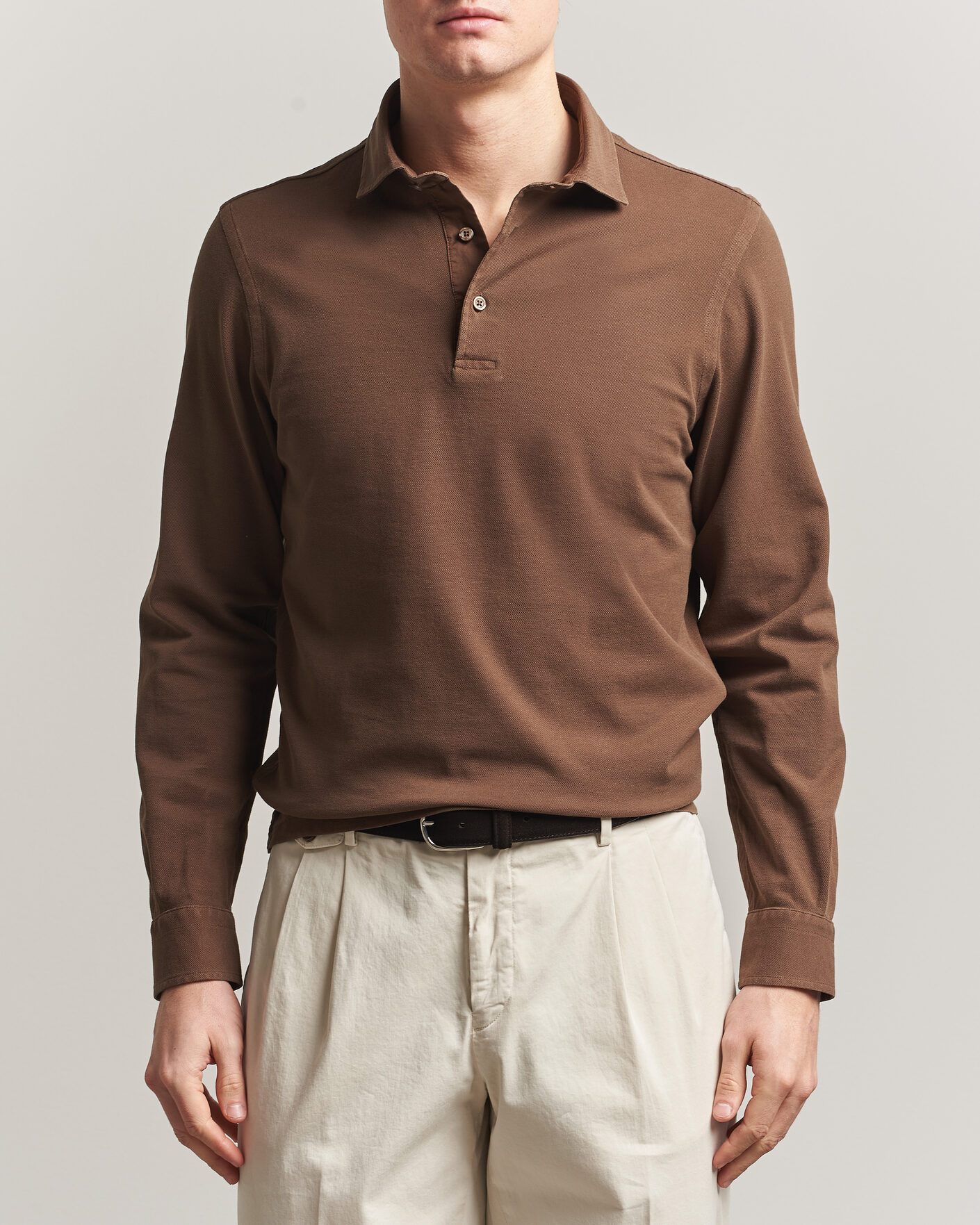 Hombres | Polos | Gran Sasso | Washed Long Sleeve Polo Brown