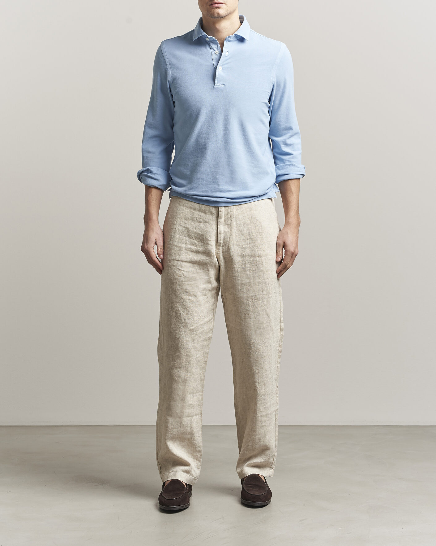 Hombres | Polos | Gran Sasso | Washed Long Sleeve Polo Light Blue
