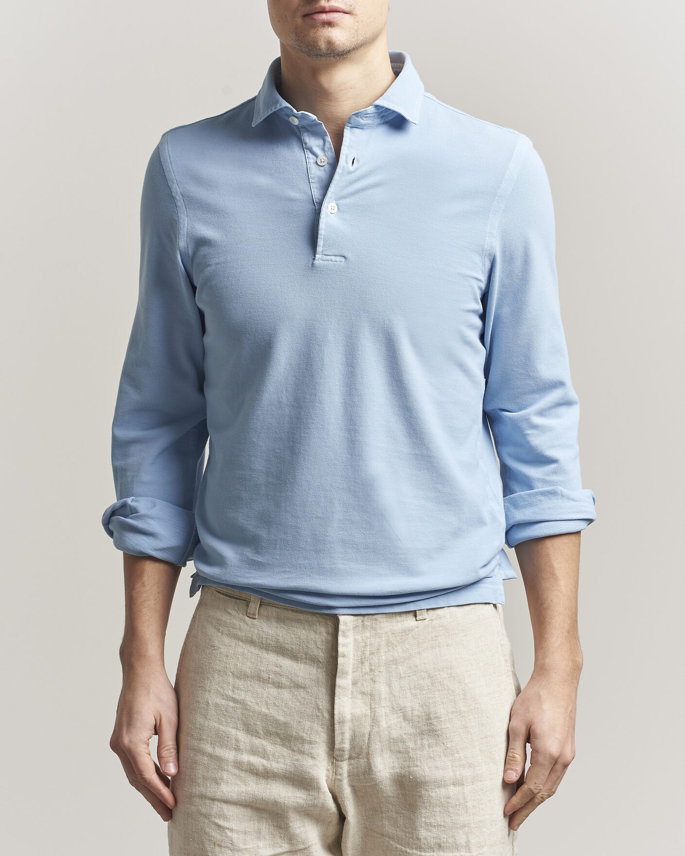 Hombres | Polos | Gran Sasso | Washed Long Sleeve Polo Light Blue
