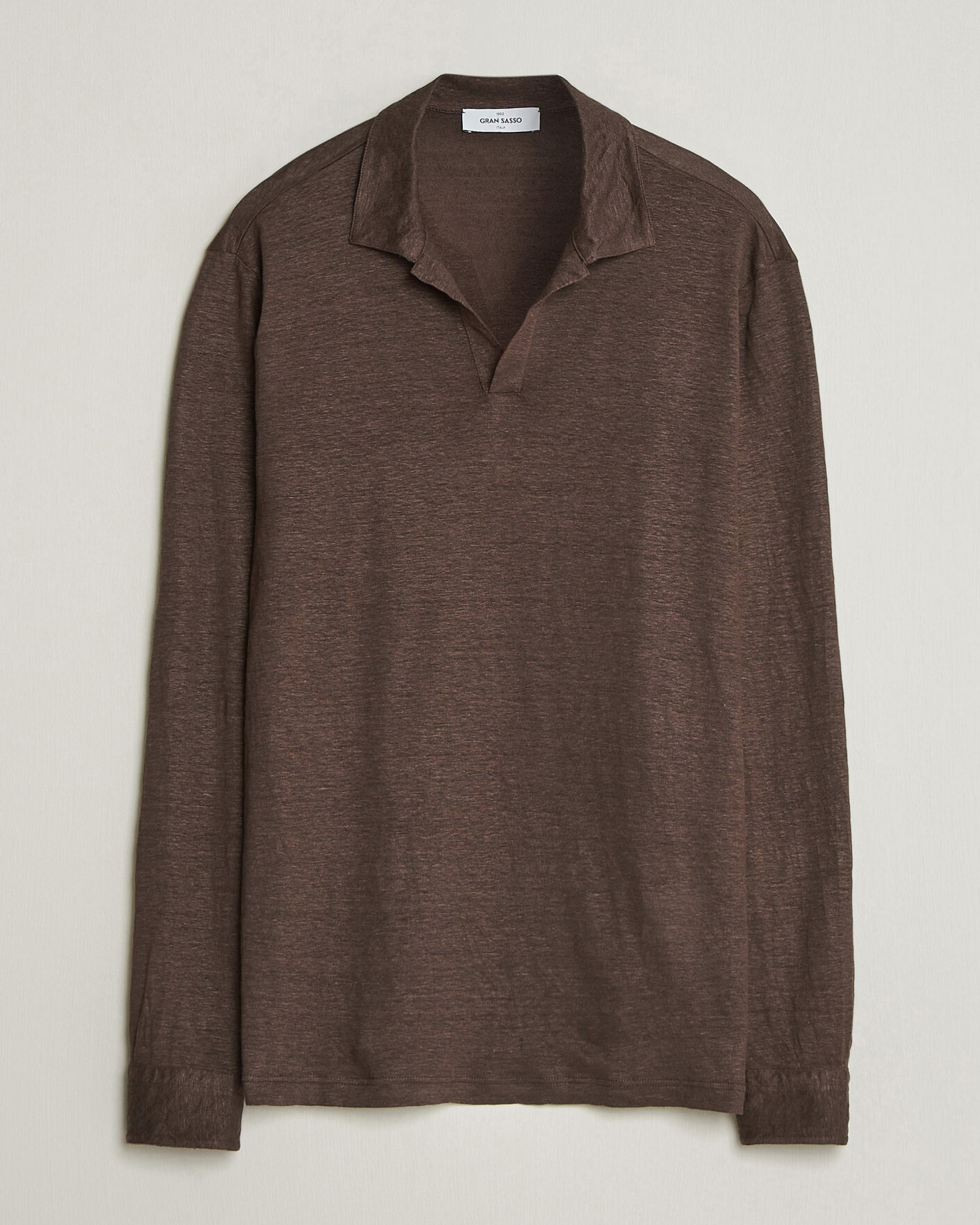 Hombres | Polos | Gran Sasso | Washed Linen Long Sleeve Polo Brown Melange