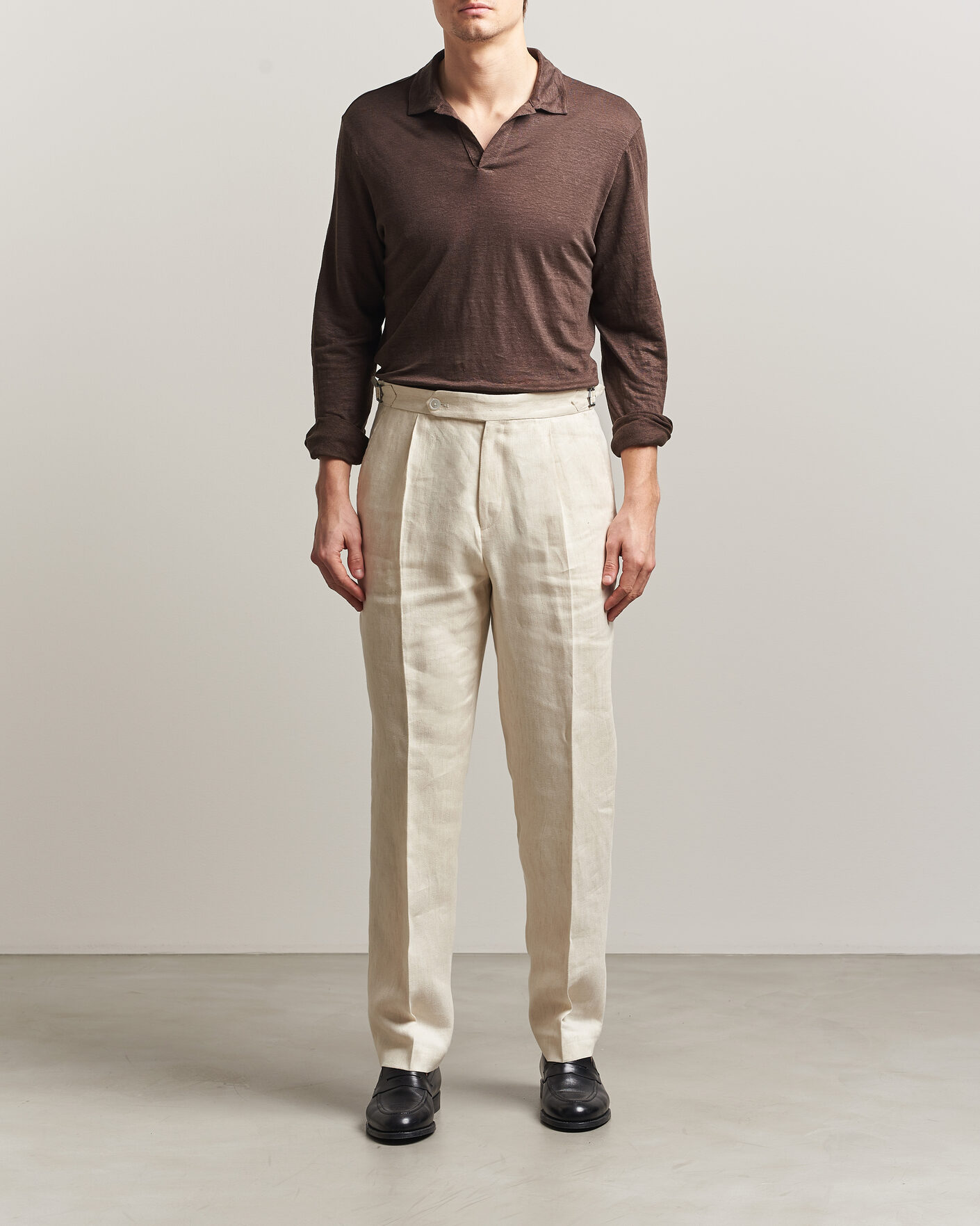 Hombres | Polos | Gran Sasso | Washed Linen Long Sleeve Polo Brown Melange