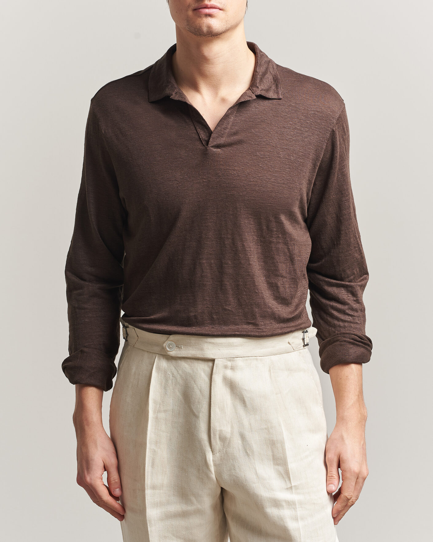 Hombres | Polos | Gran Sasso | Washed Linen Long Sleeve Polo Brown Melange