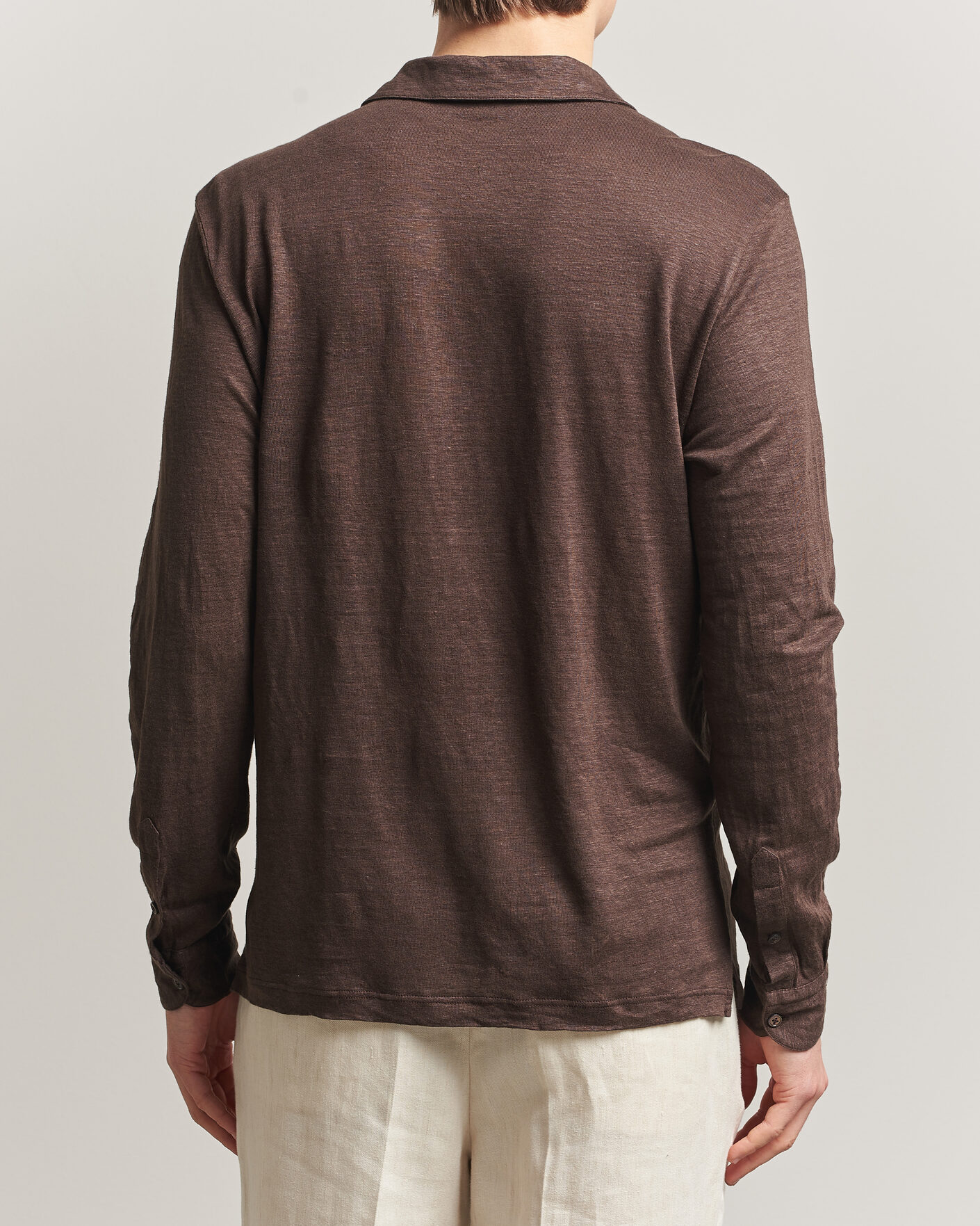 Hombres | Polos | Gran Sasso | Washed Linen Long Sleeve Polo Brown Melange