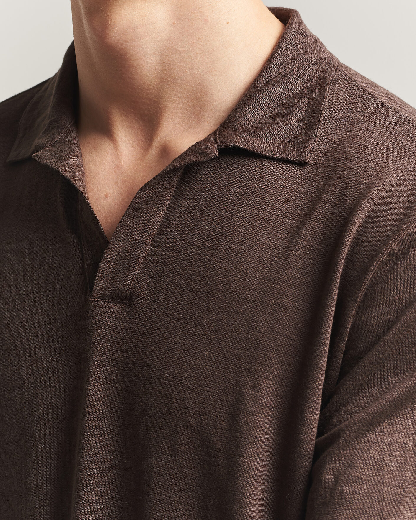Hombres | Polos | Gran Sasso | Washed Linen Long Sleeve Polo Brown Melange