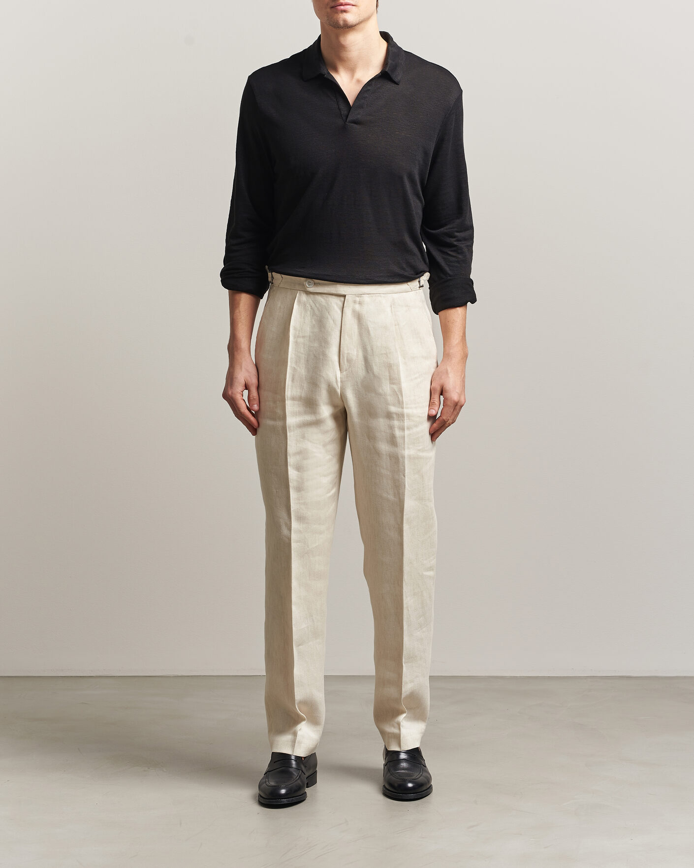 Hombres | Polos | Gran Sasso | Washed Linen Long Sleeve Polo Black