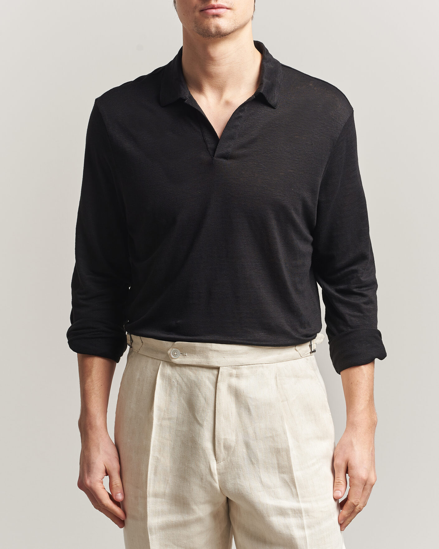 Hombres | Polos | Gran Sasso | Washed Linen Long Sleeve Polo Black