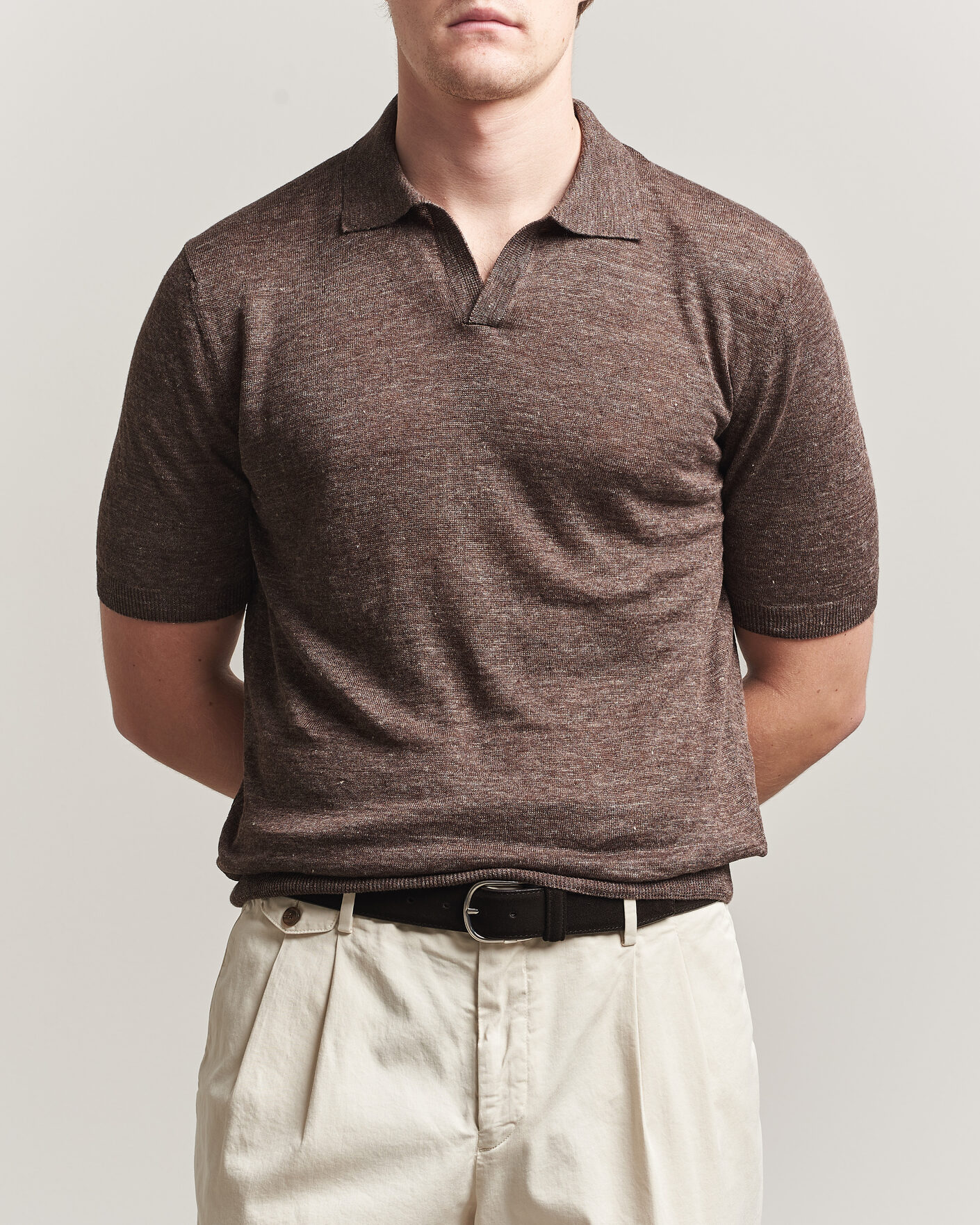 Hombres | Polos | Gran Sasso | Washed Knitted Linen Polo Brown Melange