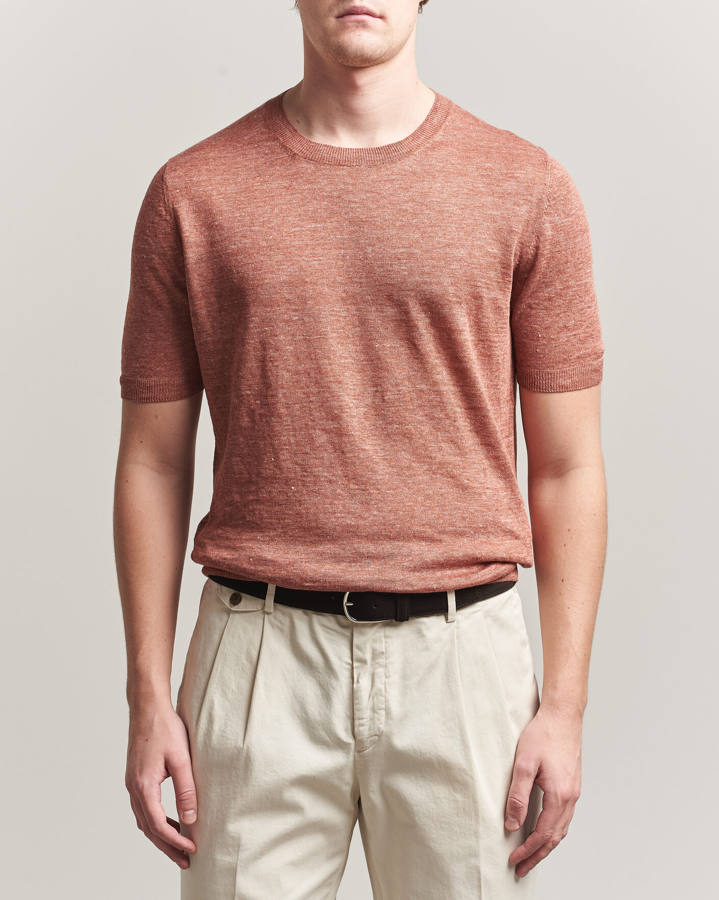 Hombres | Camisetas | Gran Sasso | Washed Knitted Linen T-Shirt Apricot Orange Melange