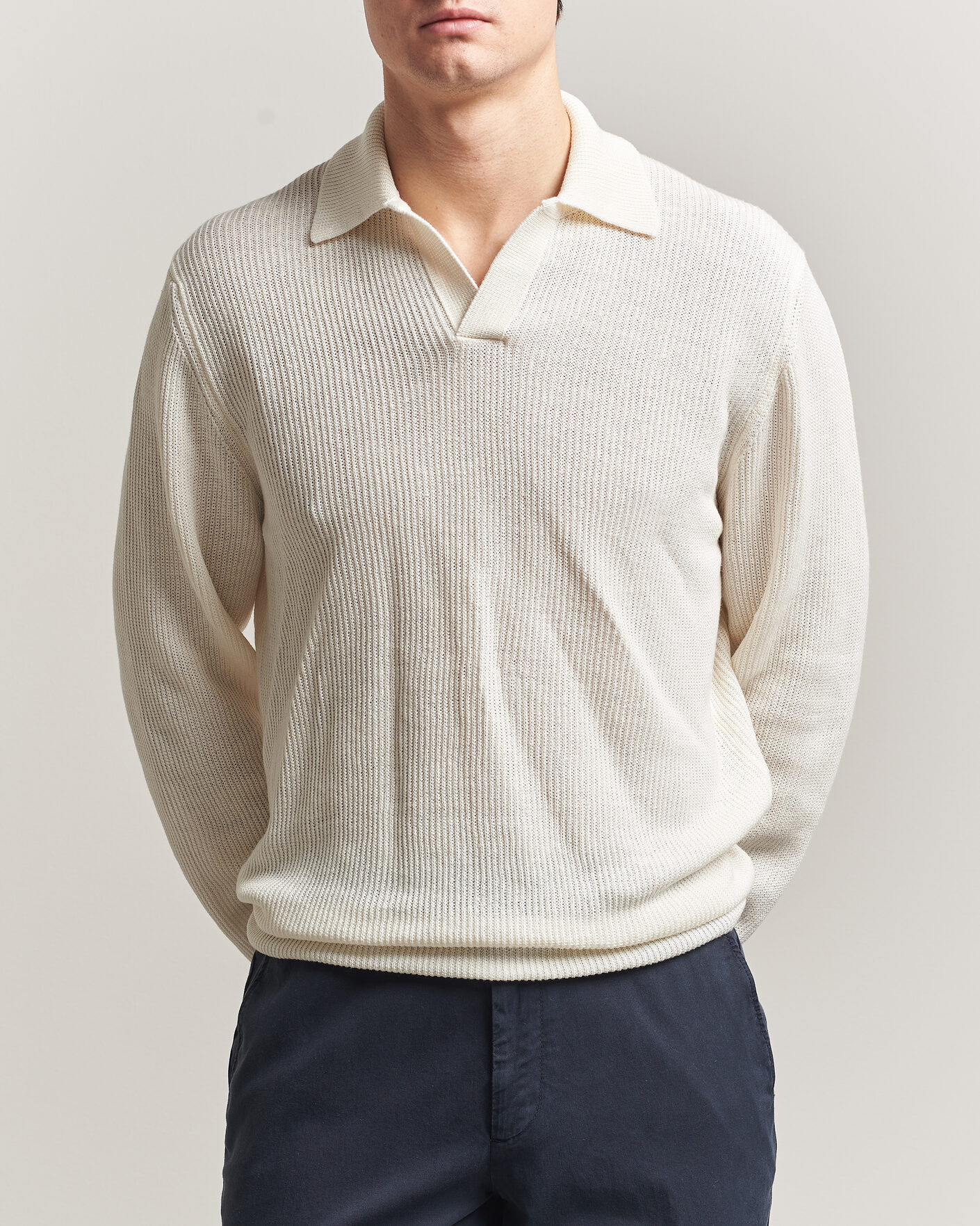 Hombres | Jerséis y prendas de punto | Gran Sasso | Linen/Cotton Open Collar Knitted Polo Cream