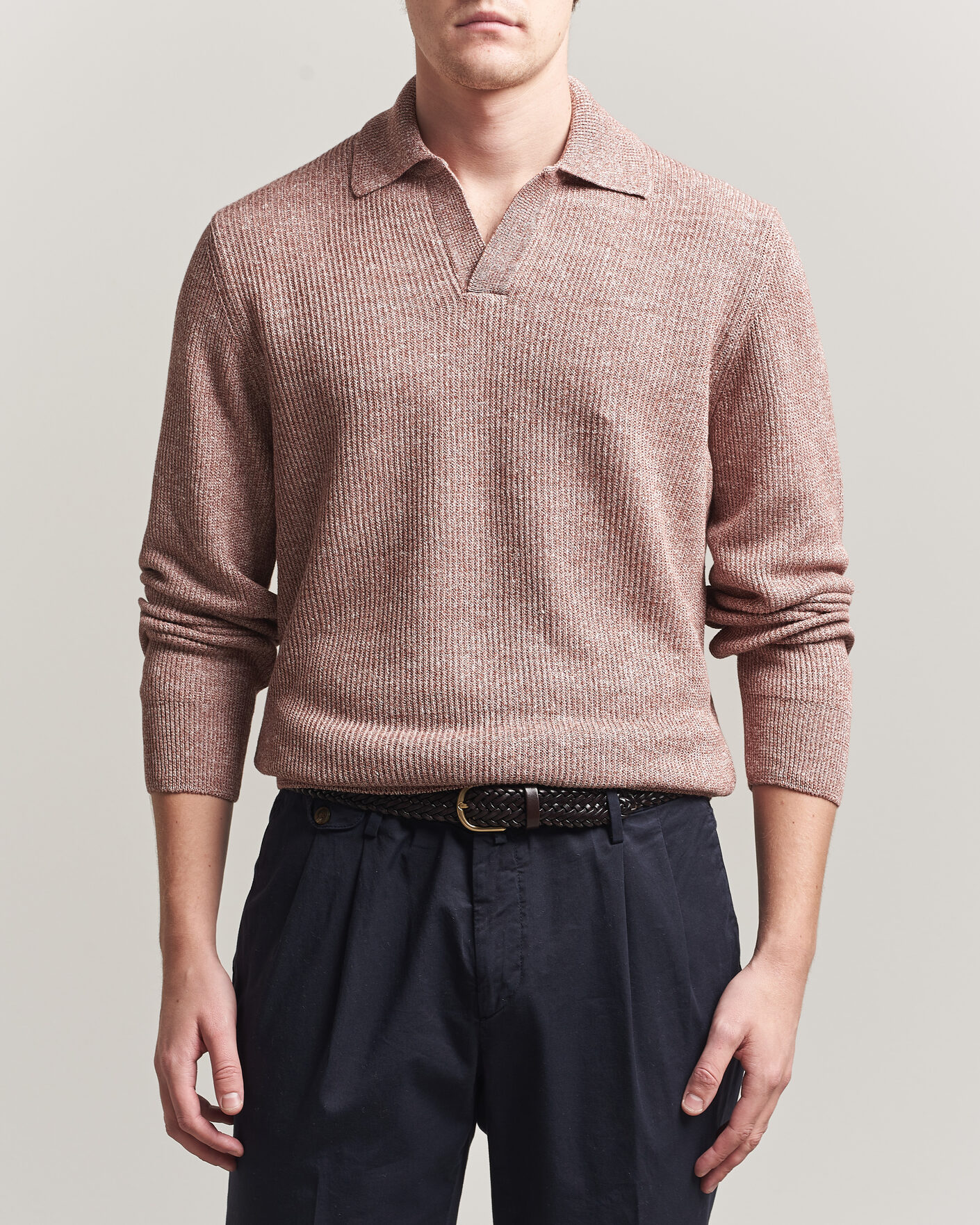 Hombres | Jerséis y prendas de punto | Gran Sasso | Linen/Cotton Open Collar Knitted Polo Rust Melange