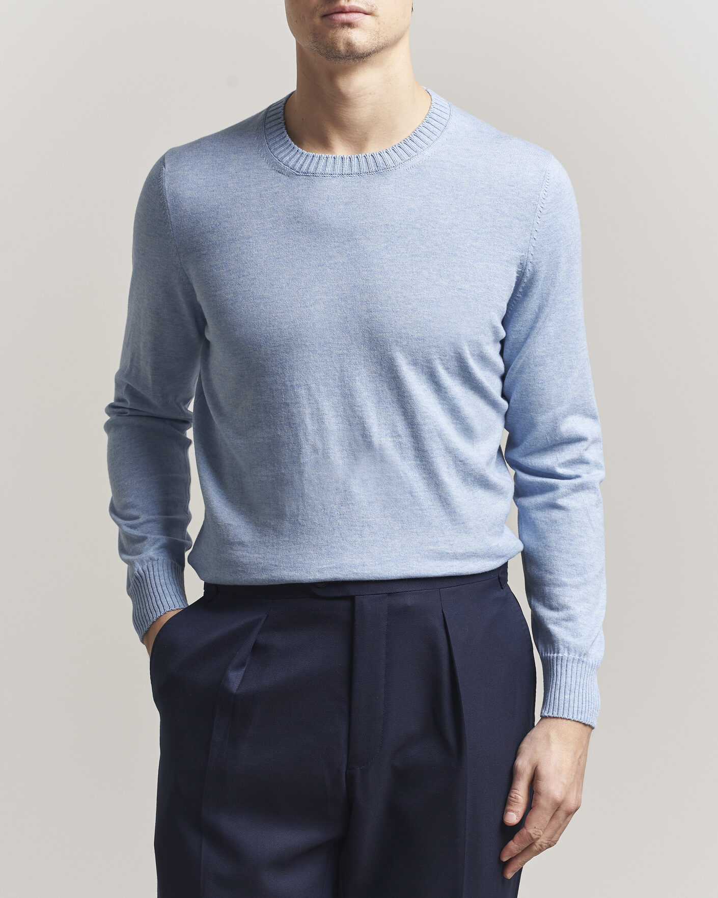 Hombres | Jerséis y prendas de punto | Gran Sasso | Cotton/Cashmere Knitted Crew Neck Sweater Blue Melange