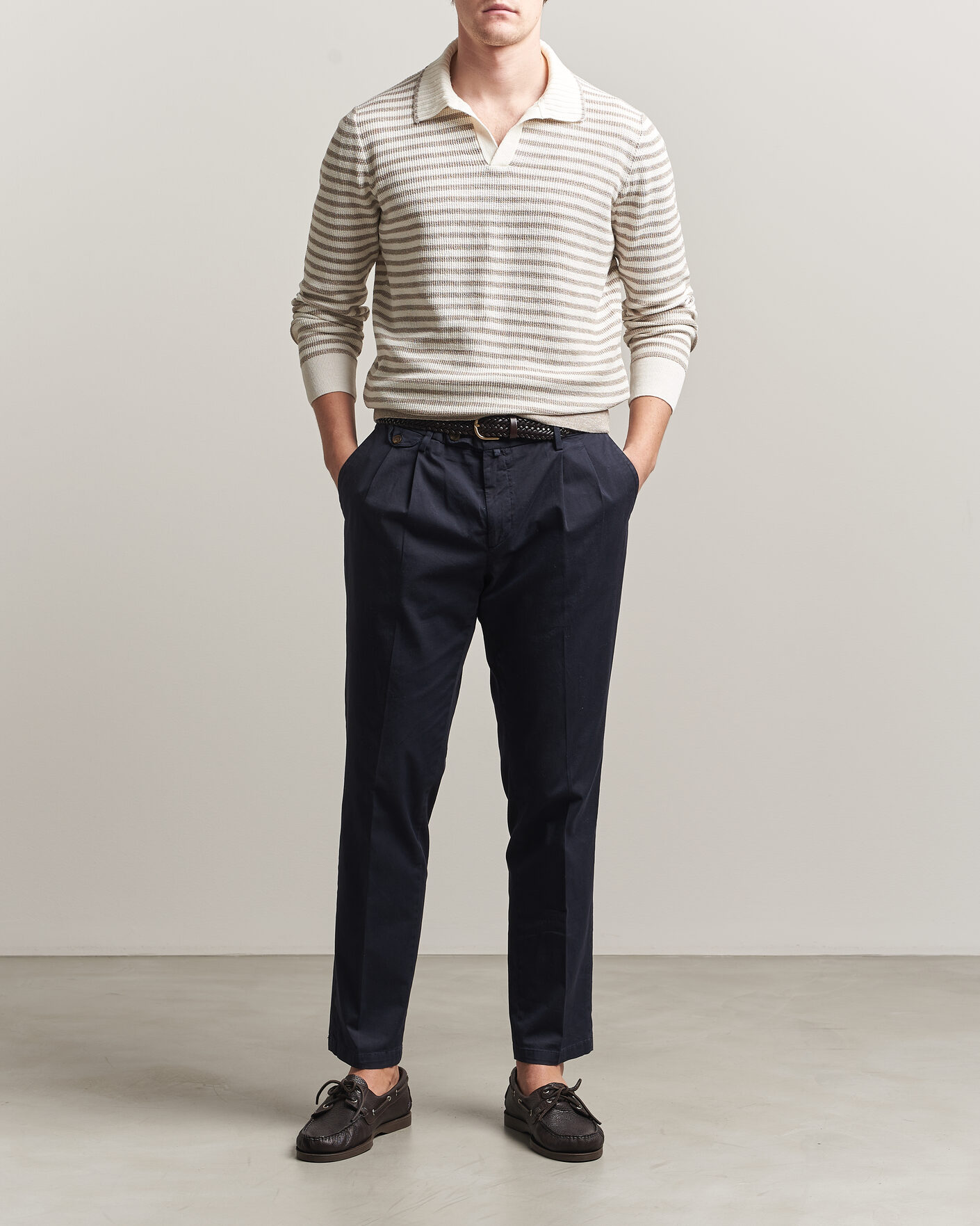 Hombres | Jerséis y prendas de punto | Gran Sasso | Linen/Cotton Knitted Striped Polo Beige/White