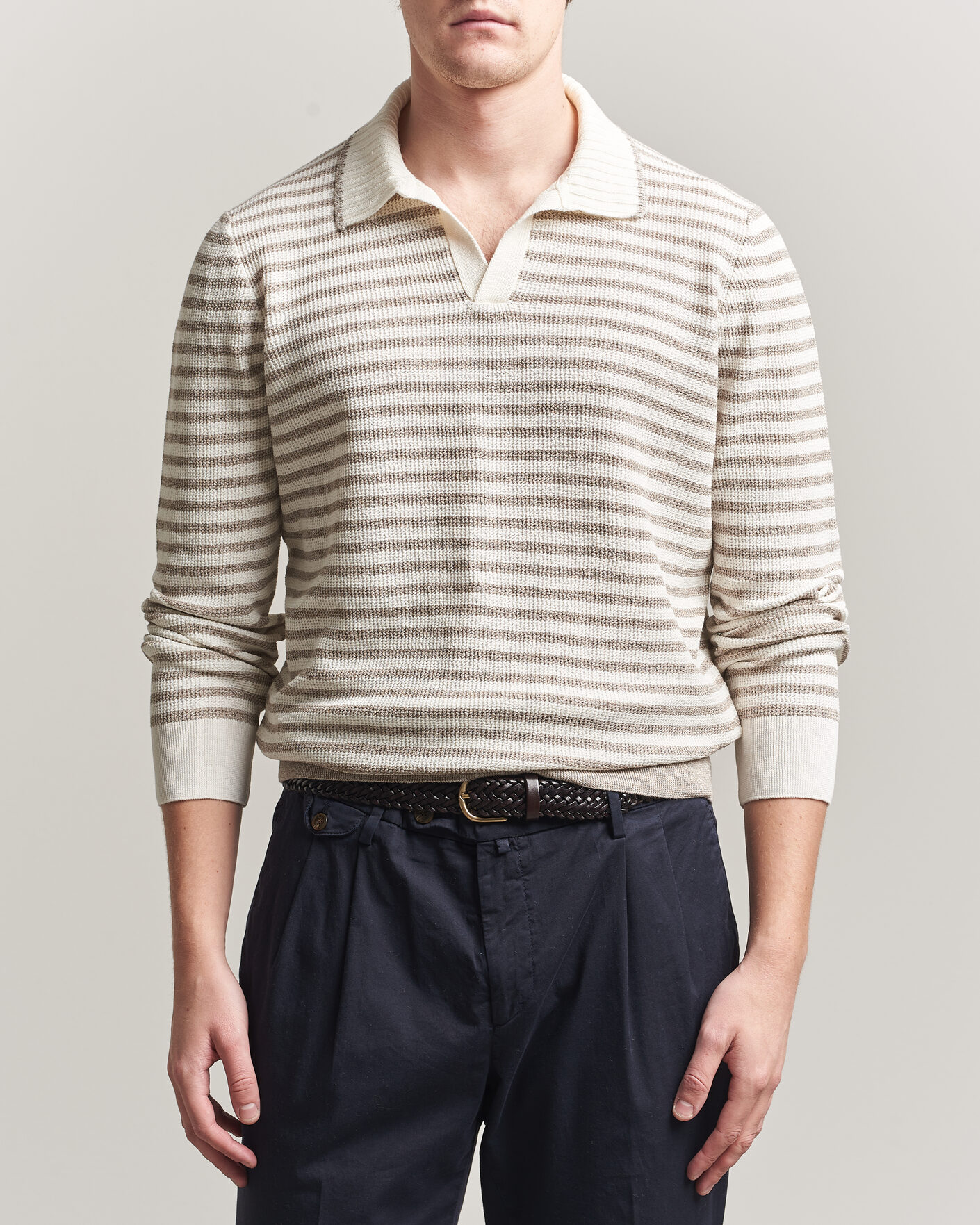 Hombres | Jerséis y prendas de punto | Gran Sasso | Linen/Cotton Knitted Striped Polo Beige/White