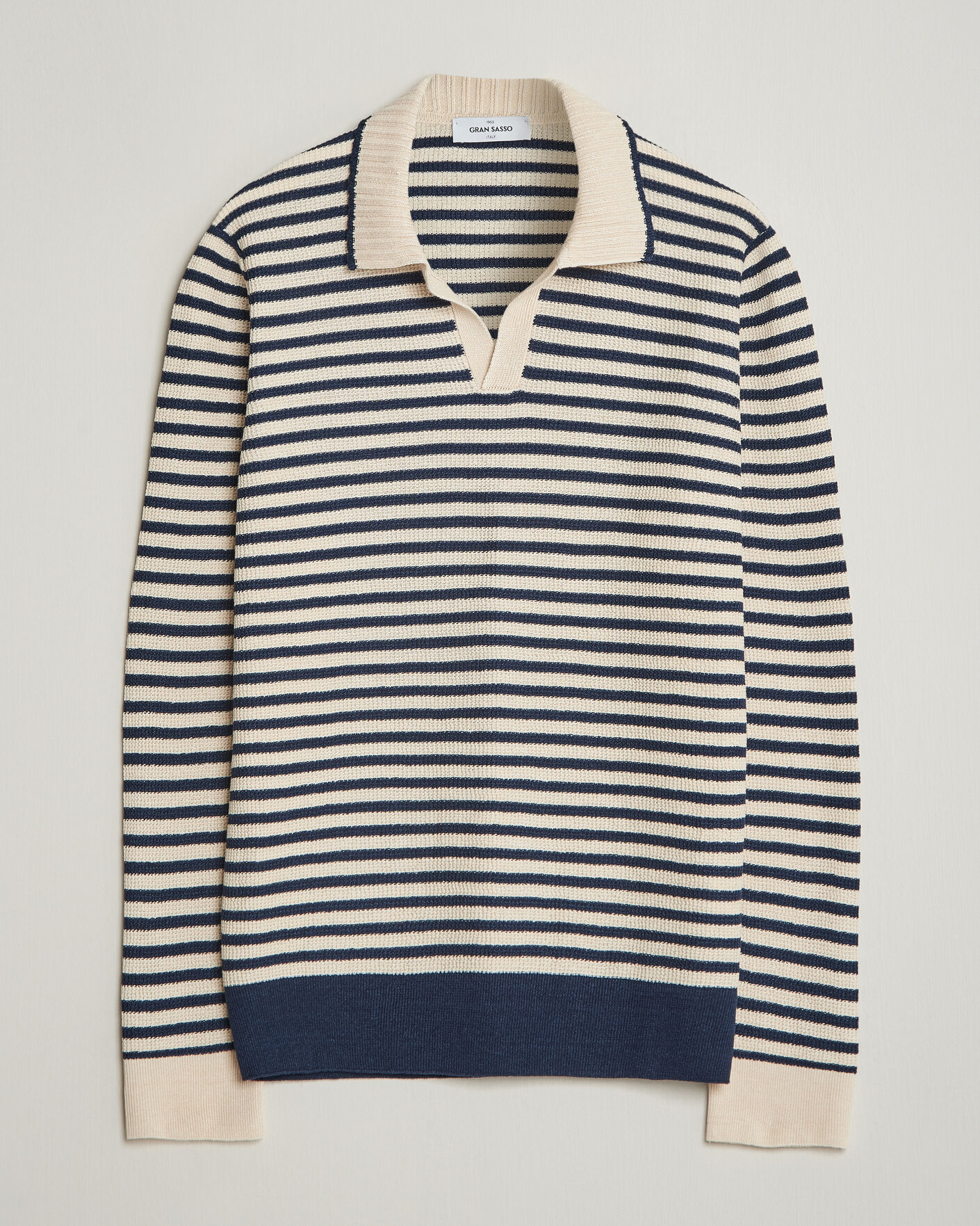 Hombres | Jerséis y prendas de punto | Gran Sasso | Linen/Cotton Knitted Striped Polo Navy/White