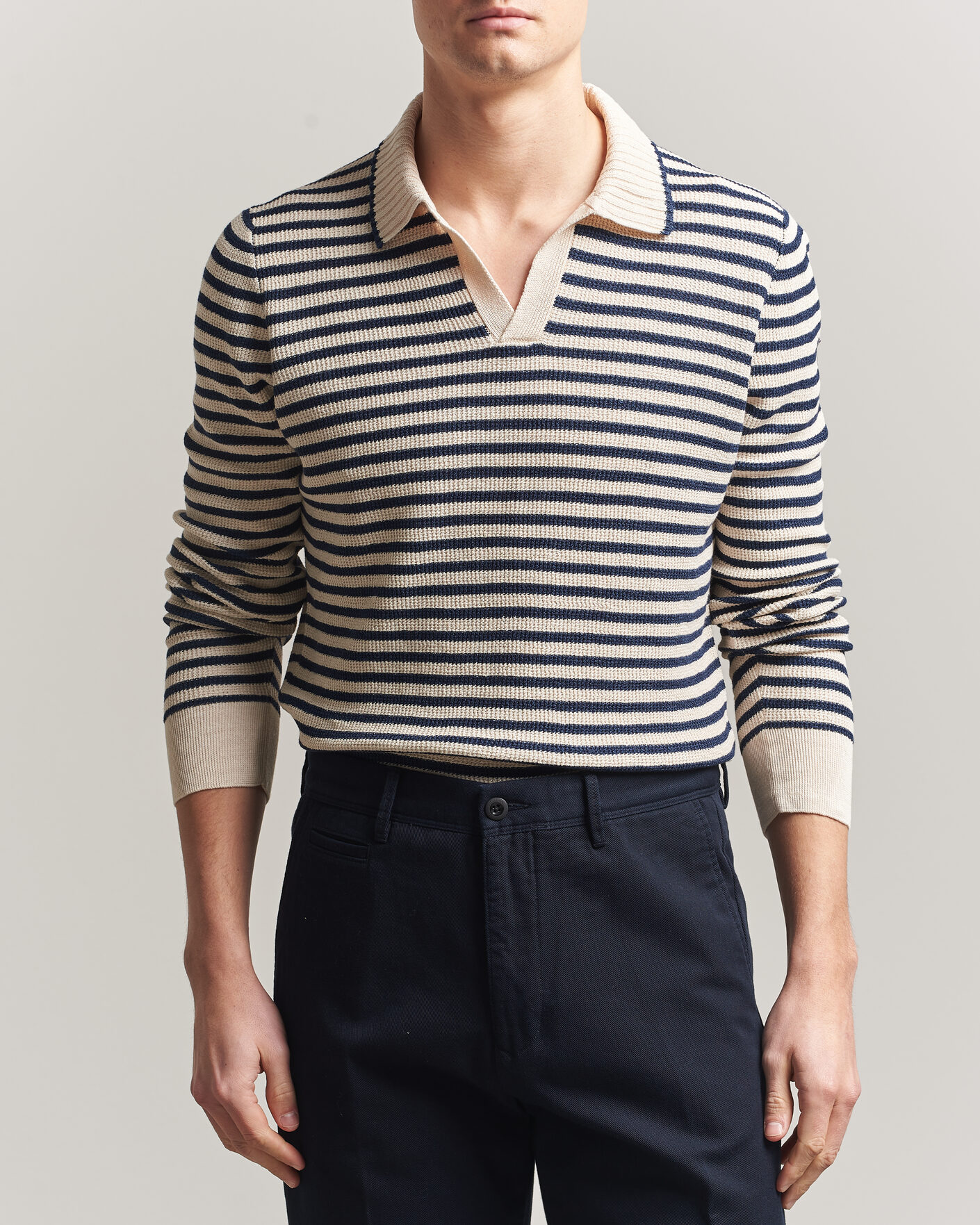 Hombres | Jerséis y prendas de punto | Gran Sasso | Linen/Cotton Knitted Striped Polo Navy/White