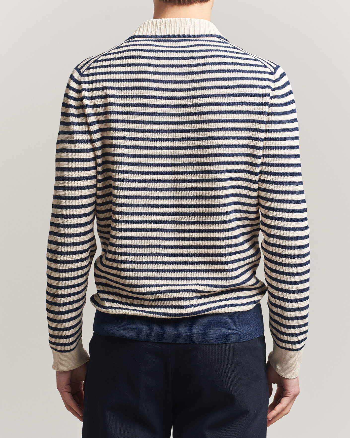 Hombres | Jerséis y prendas de punto | Gran Sasso | Linen/Cotton Knitted Striped Polo Navy/White