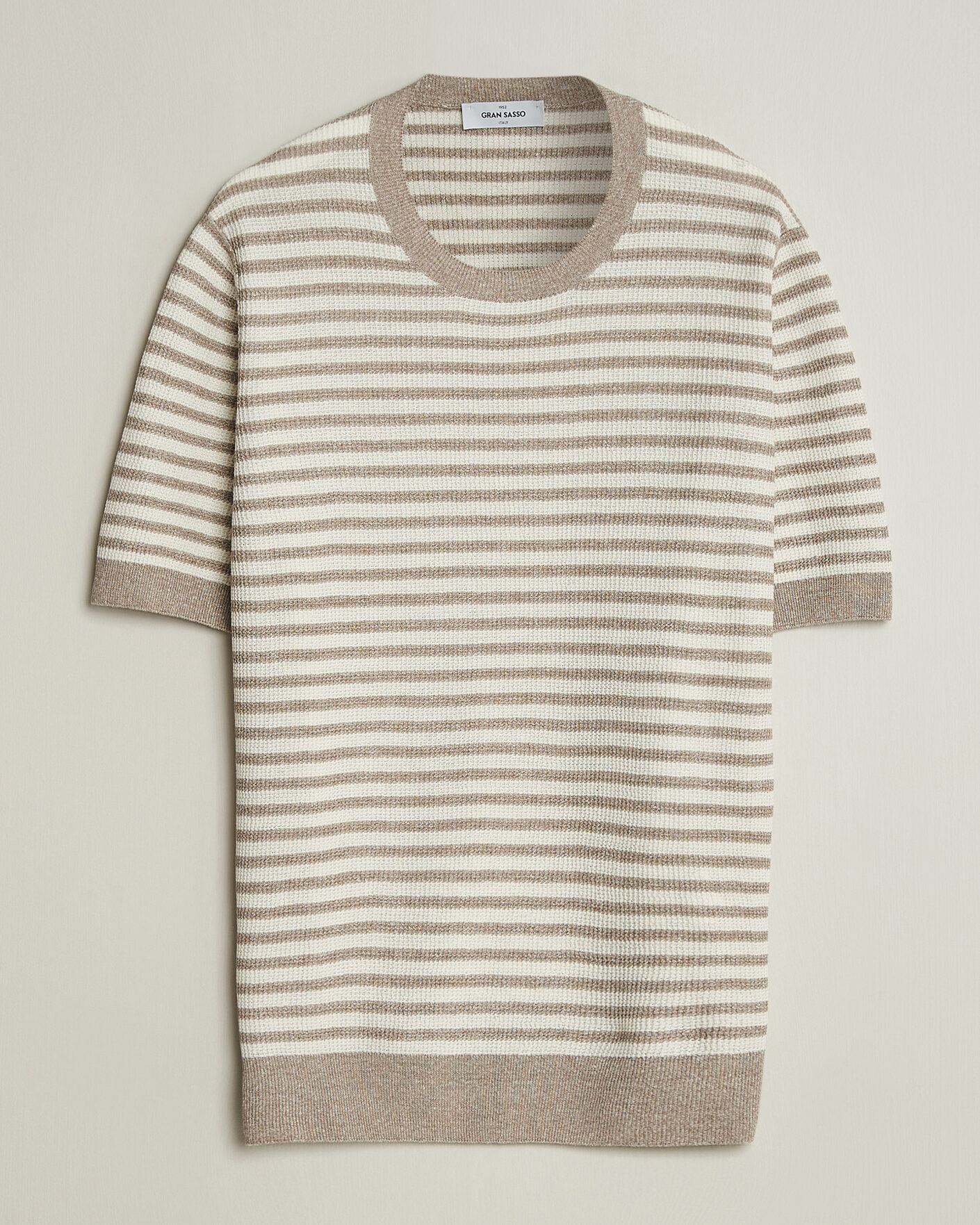 Hombres | Camisetas | Gran Sasso | Linen/Cotton Knitted Striped T-Shirt Beige/White
